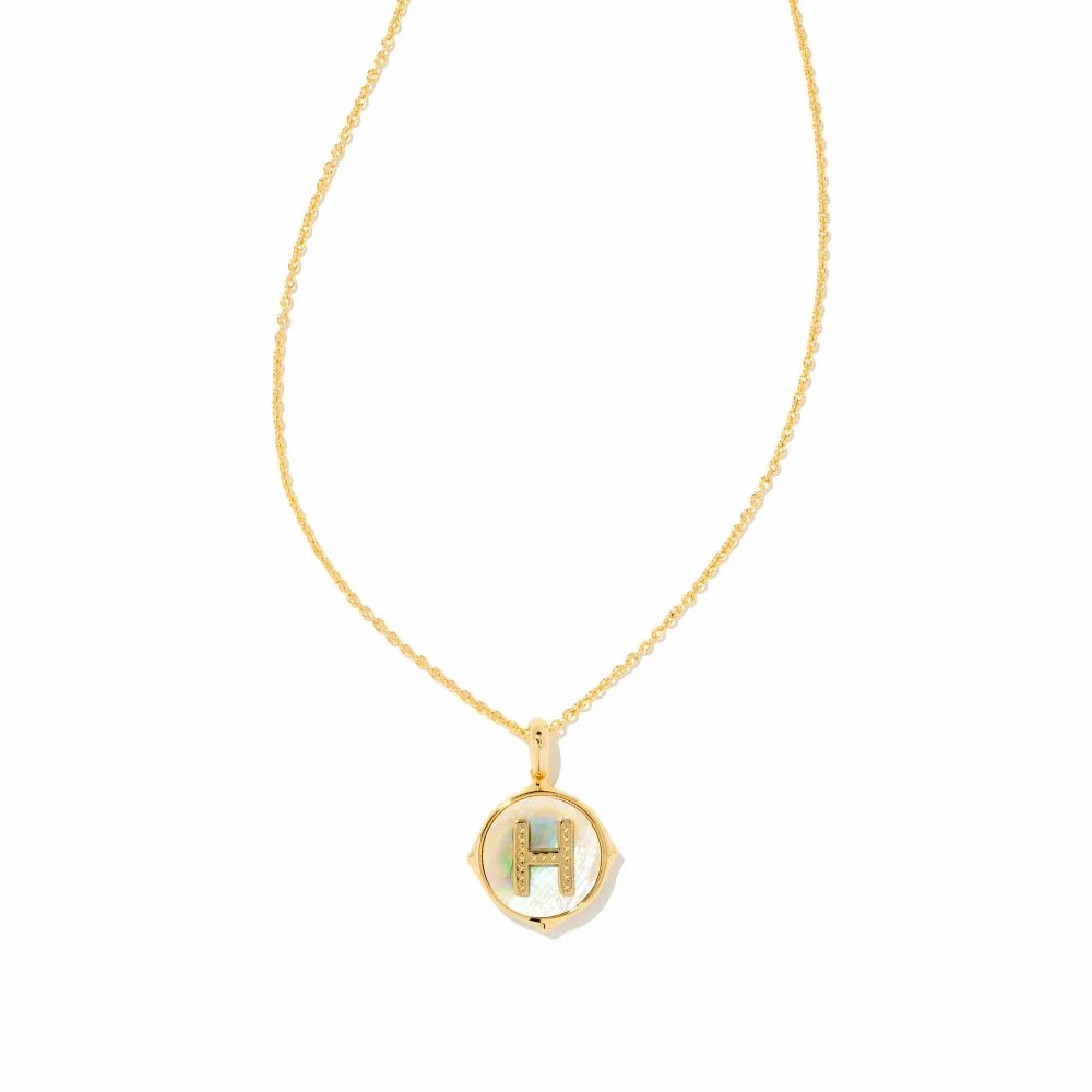 Kendra Scott Letter Gold Disc Reversible Pendant Necklace in Iridescent Abalone