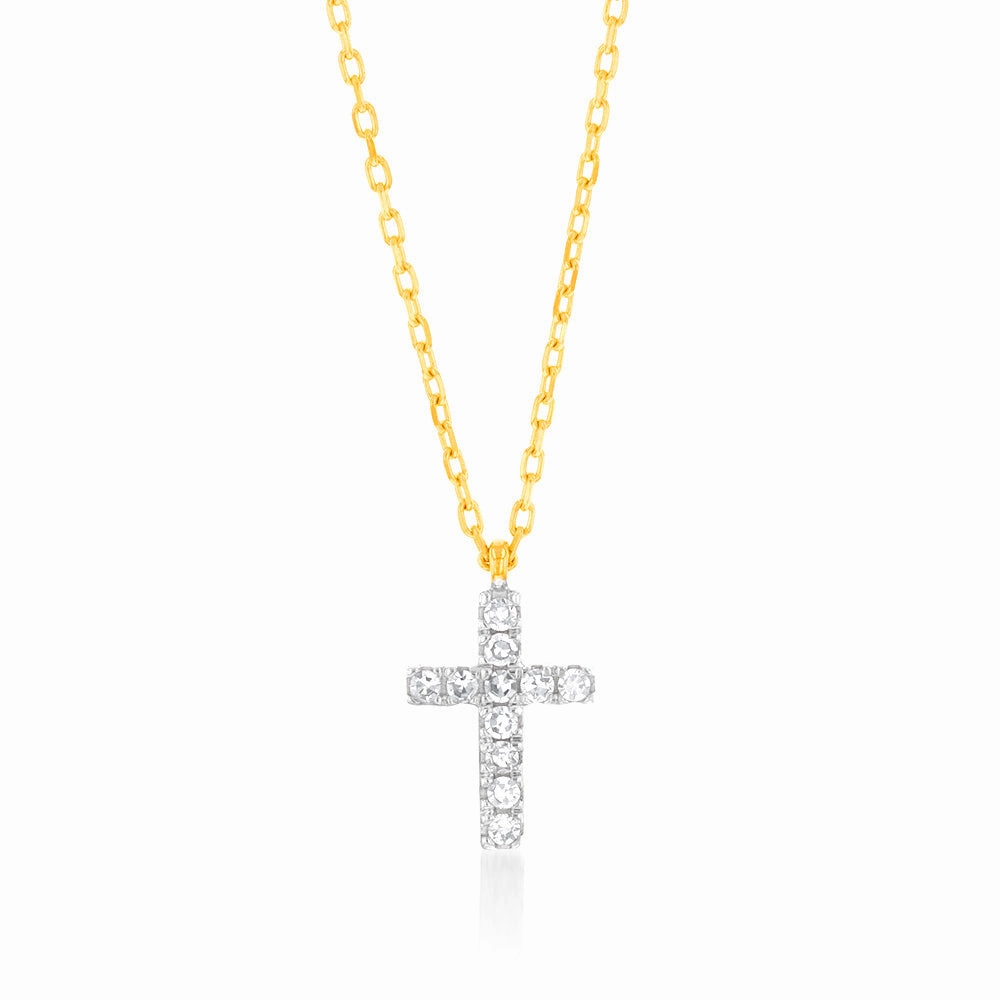 Luminesce Lab Diamond Petite Cross Pendant 9ct Yellow Gold on Adjustable 45cm Chain