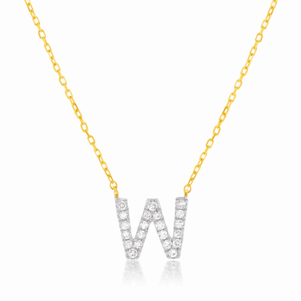 Luminesce Lab Diamond W Initial Pendant in 9ct Yellow Gold with Adjustable 45cm Chain