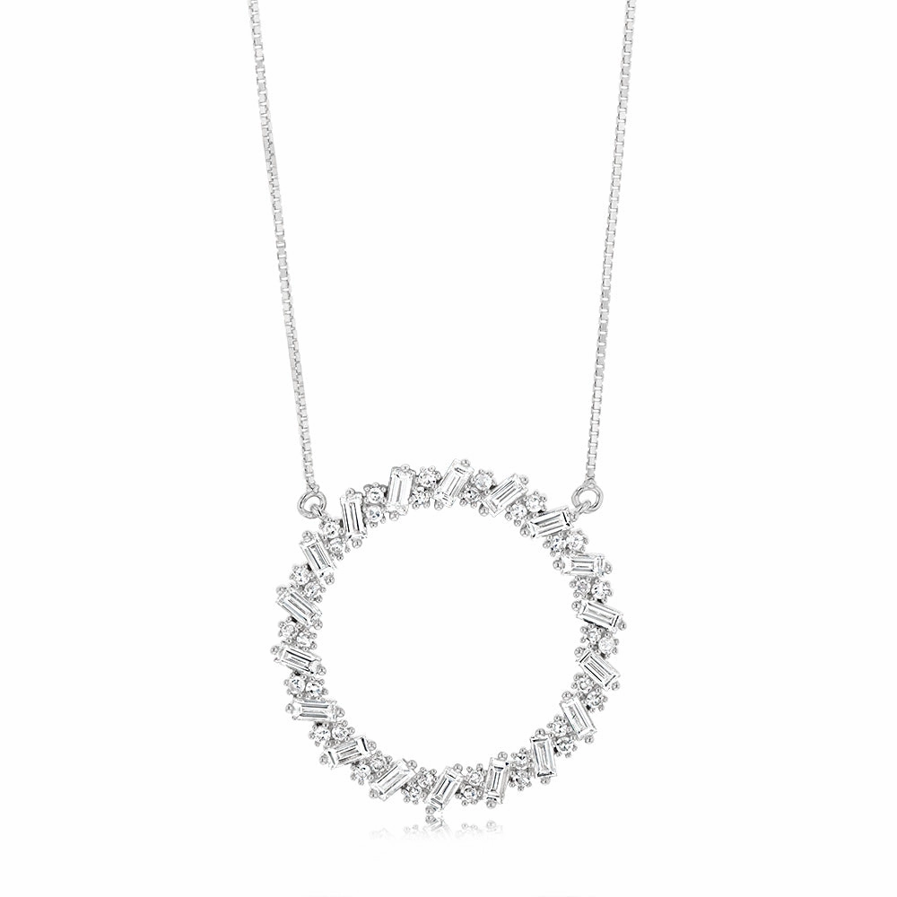 Luminesce Lab Grown Sterling Silver 1 Carat Circle Pendant with Round & Baguette Diamonds on Chain