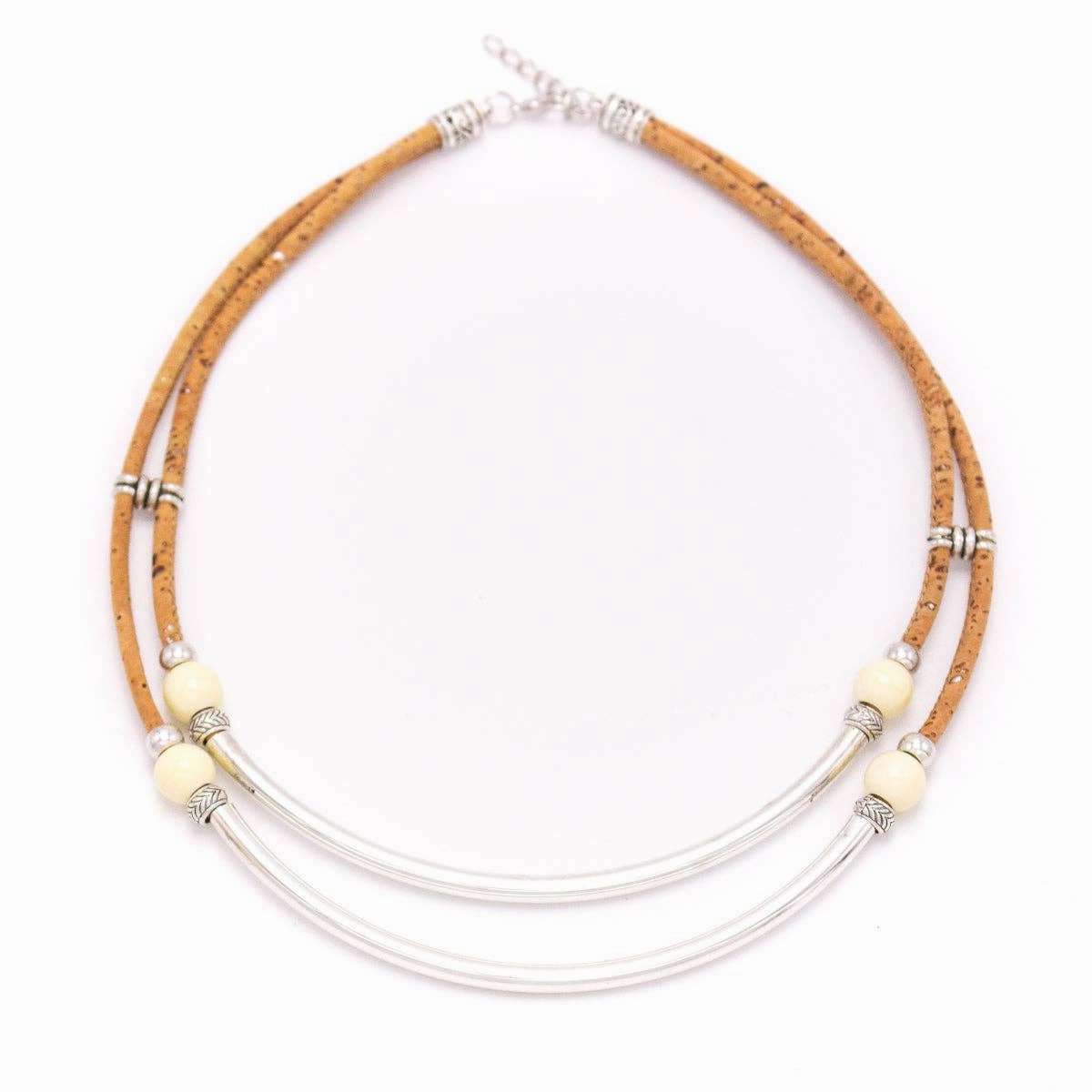Natural &Silver tube Multi-stranded Cork Necklace N-166-MIX-5