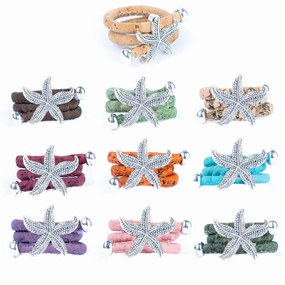 Natural colored cork cord and starfish handmade women's ring  R-022-MIX-10