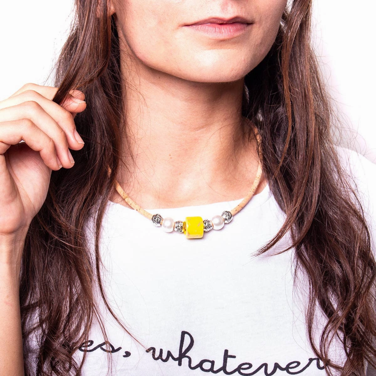 Natural cork and yellow porcelain bead necklace N-187