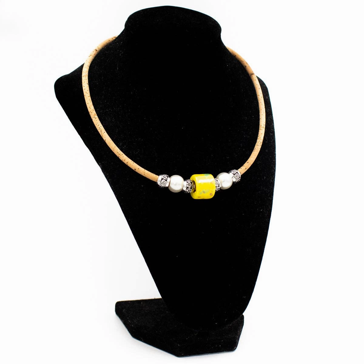 Natural cork and yellow porcelain bead necklace N-187