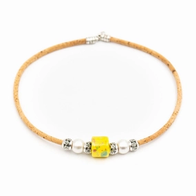 Natural cork and yellow porcelain bead necklace N-187