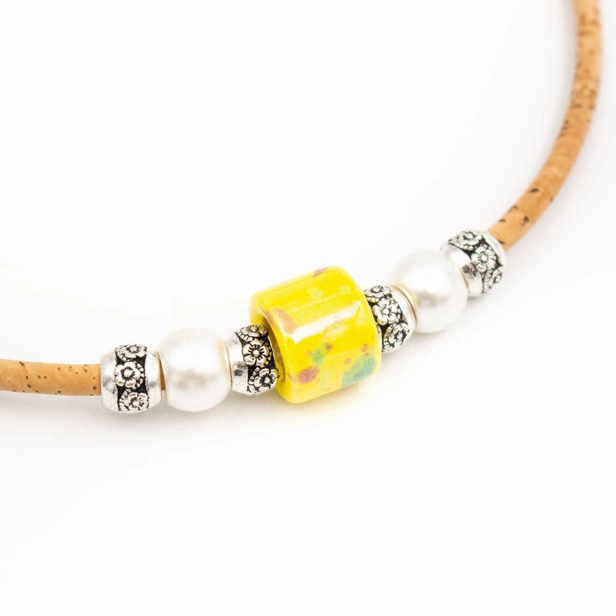 Natural cork and yellow porcelain bead necklace N-187