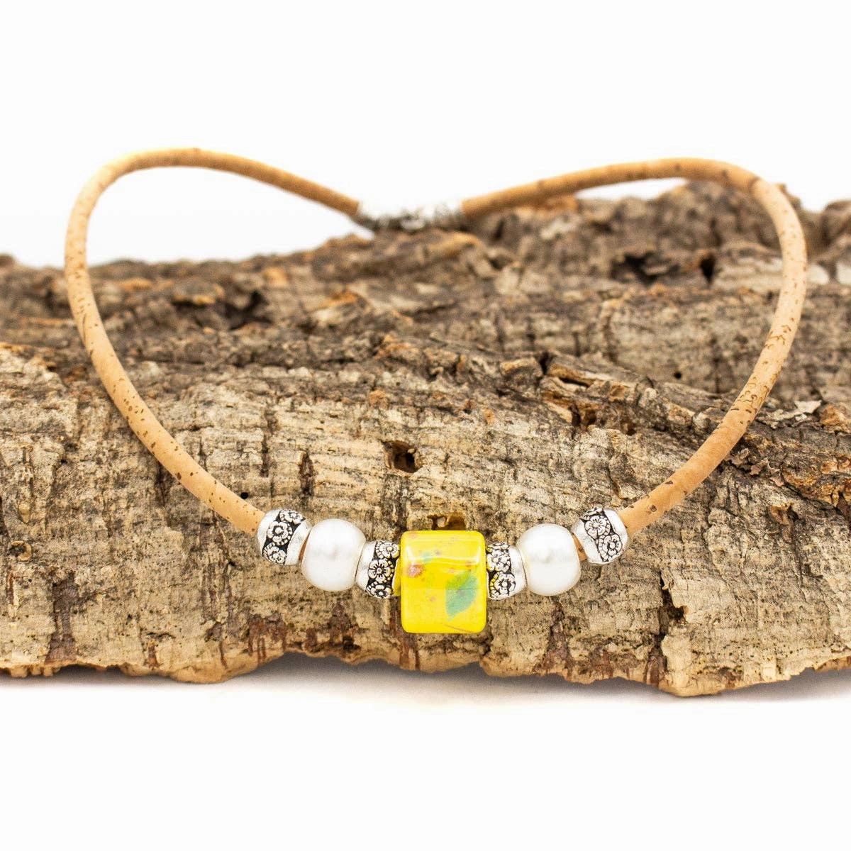 Natural cork and yellow porcelain bead necklace N-187