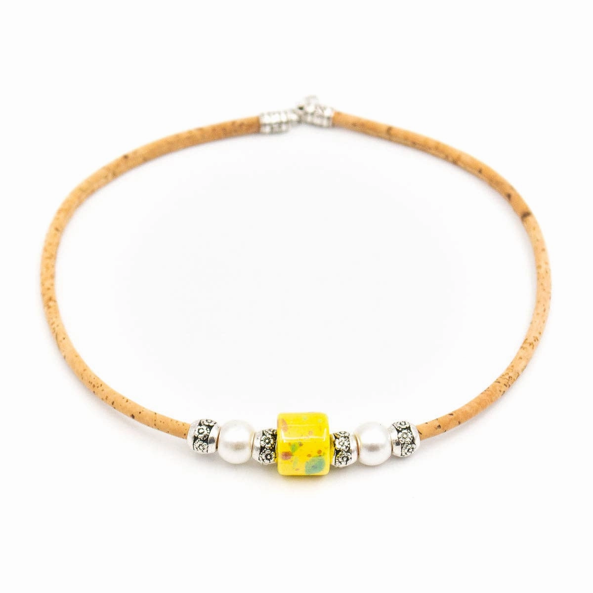 Natural cork and yellow porcelain bead necklace N-187