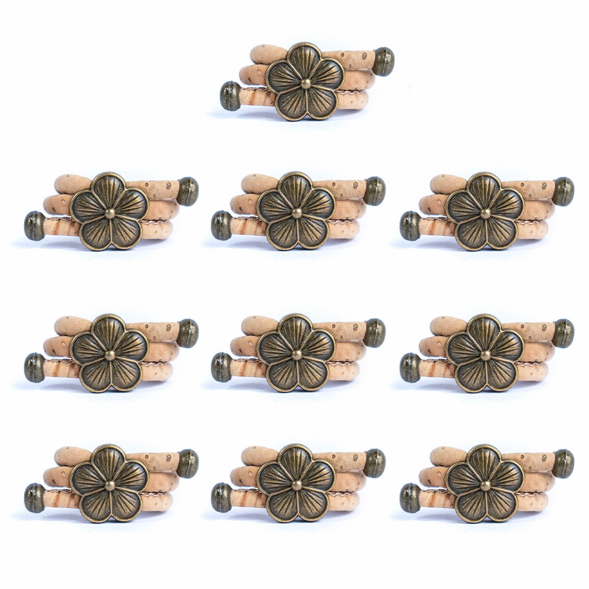 Natural cork cord and bronze Flowers alloy hardware handmade women's ring  RW-044-A-10