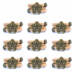 Natural cork cord and bronze Flowers alloy hardware handmade women's ring  RW-046-A-10