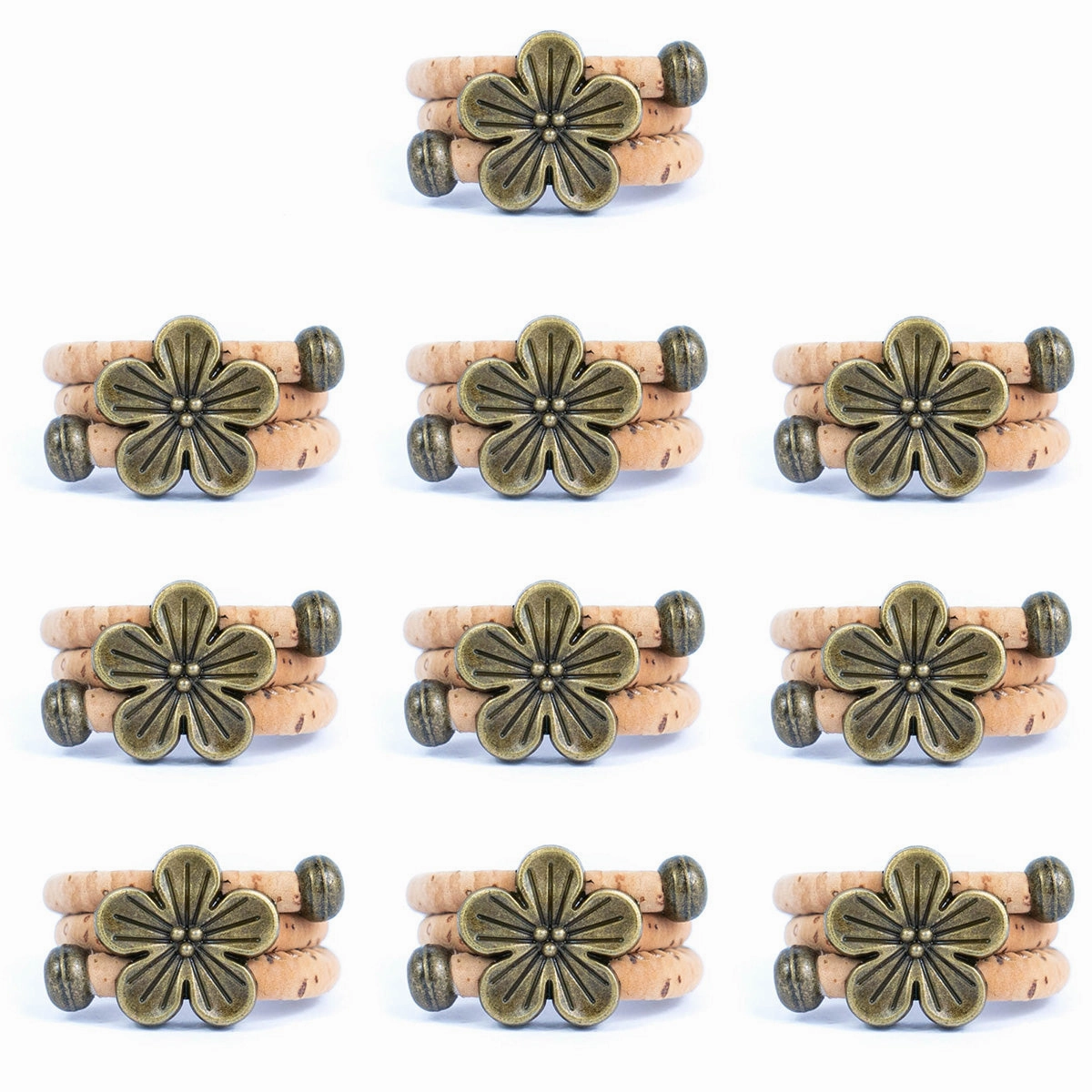 Natural cork cord and bronze Flowers alloy hardware handmade women's ring  RW-046-A-10