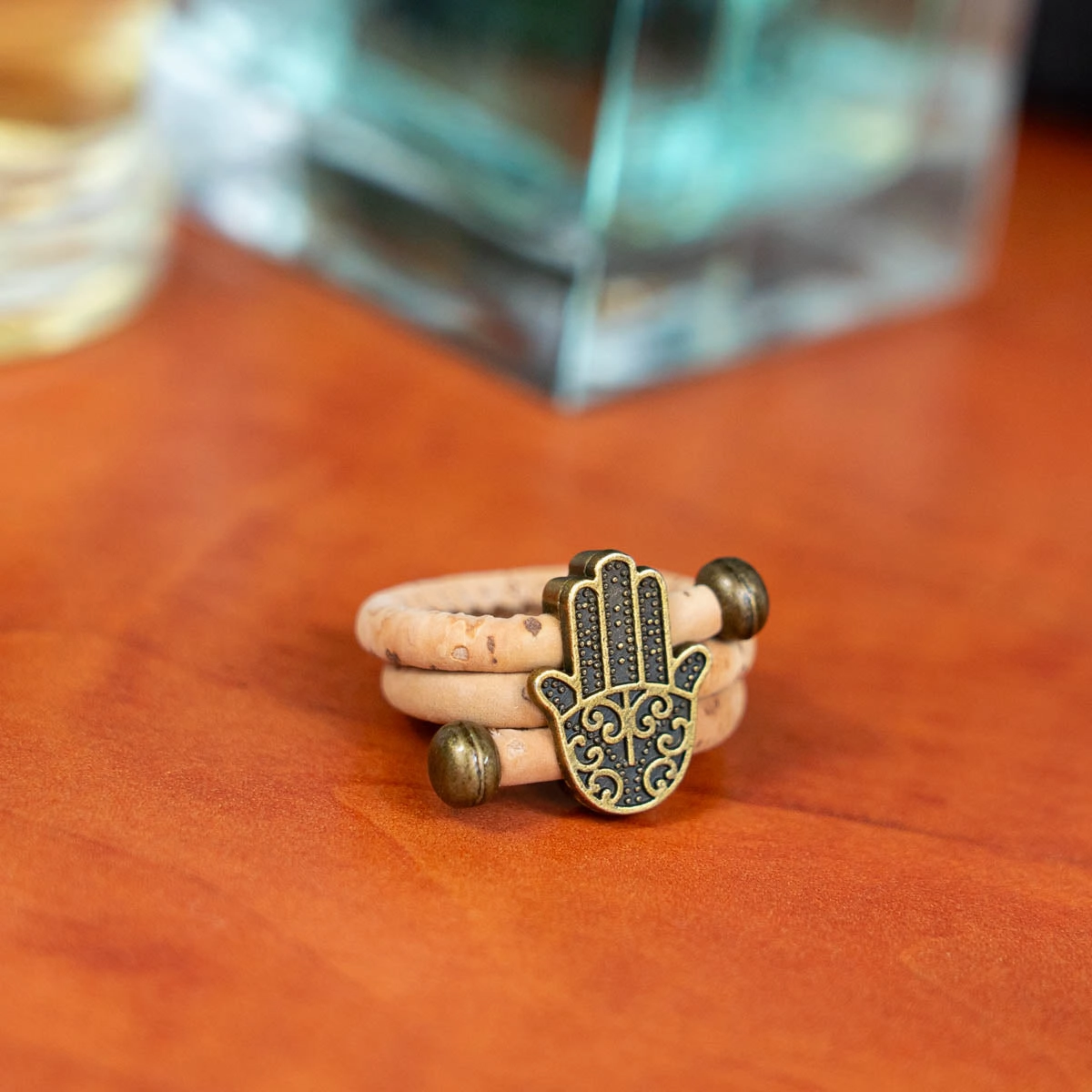 Natural cork cord and bronze Hand of Fatima alloy hardware handmade women's ring  RW-047-A-10
