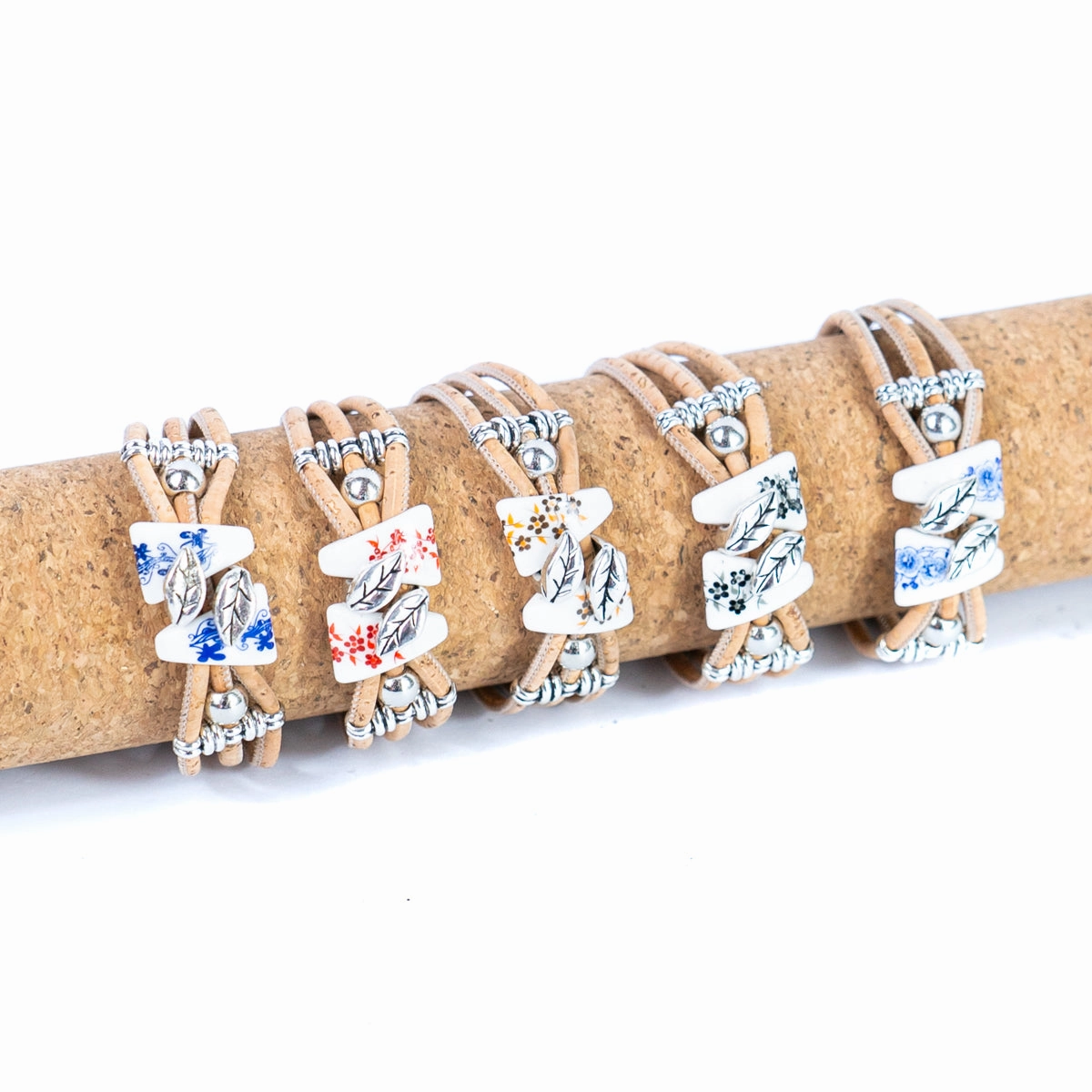 Natural cork cord and ceramic beads handmade bracelet and earring sets SET-084-MIX-5