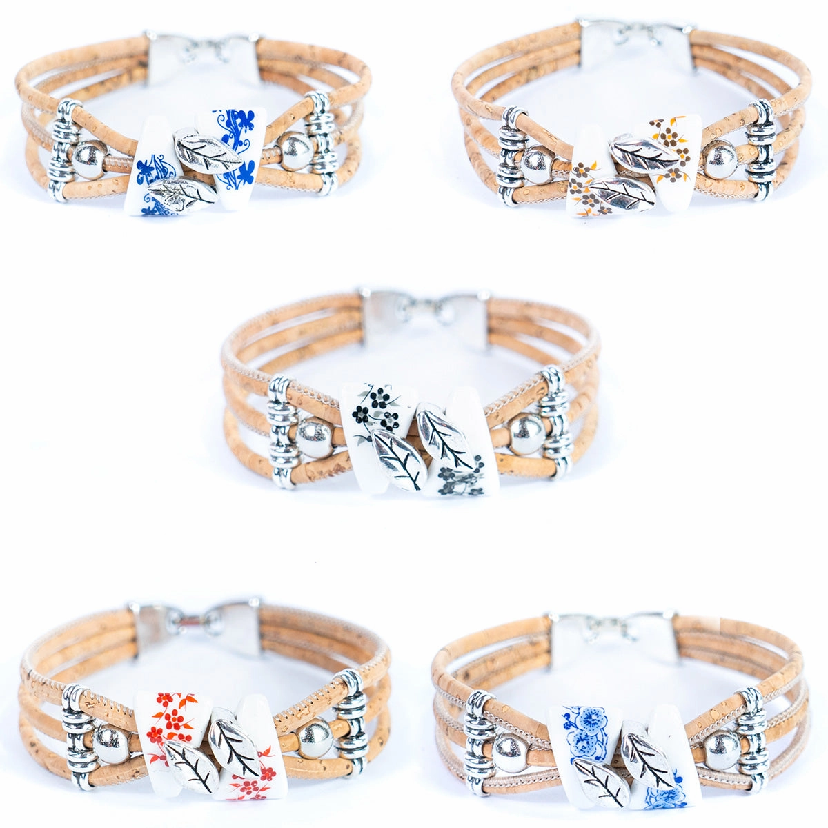 Natural cork cord and ceramic beads handmade bracelet and earring sets SET-084-MIX-5