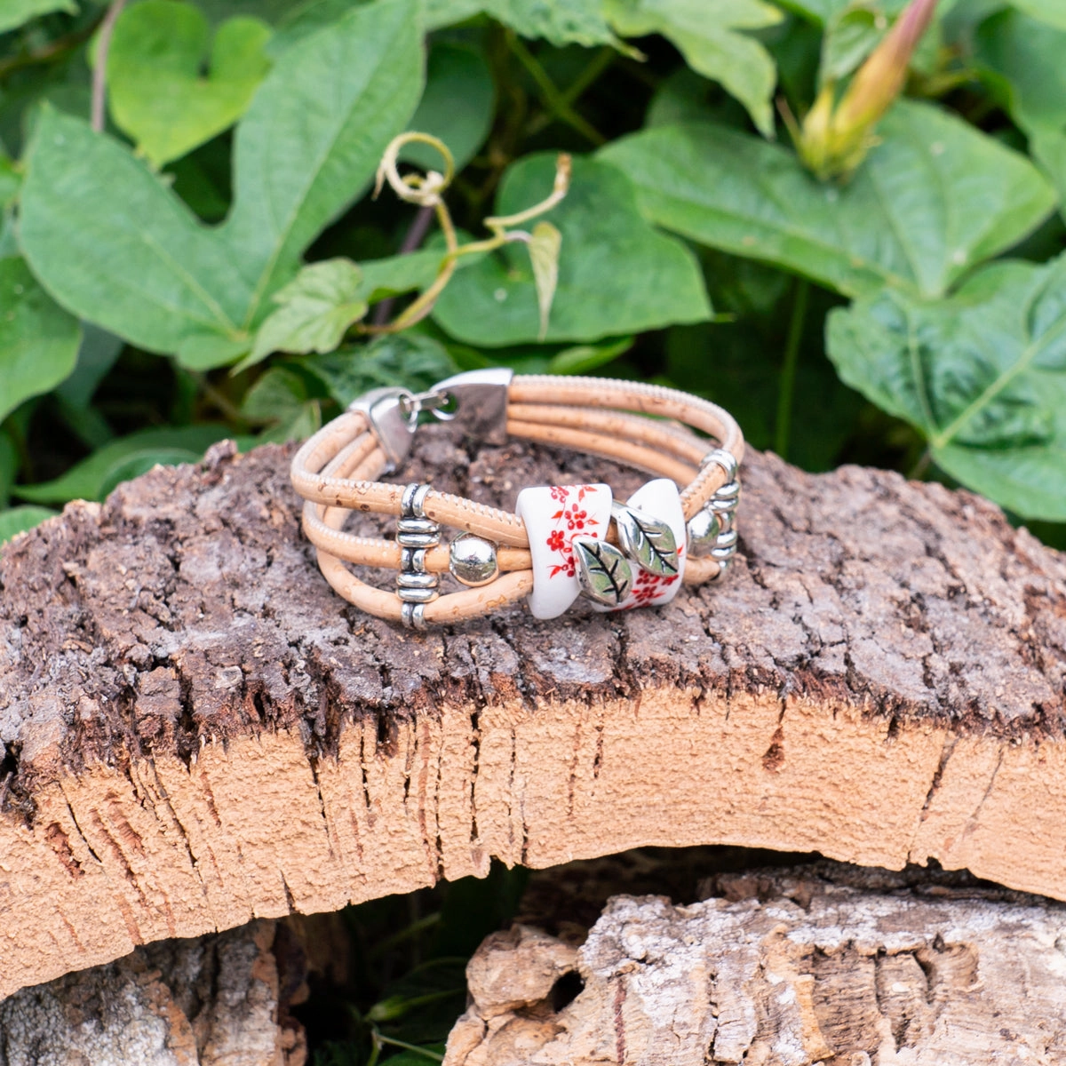 Natural cork cord and ceramic beads handmade bracelet and earring sets SET-084-MIX-5