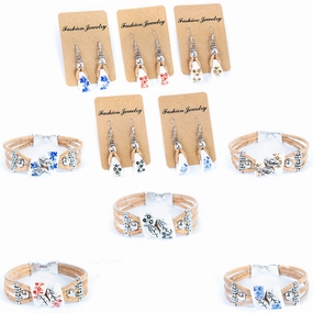 Natural cork cord and ceramic beads handmade bracelet and earring sets SET-084-MIX-5