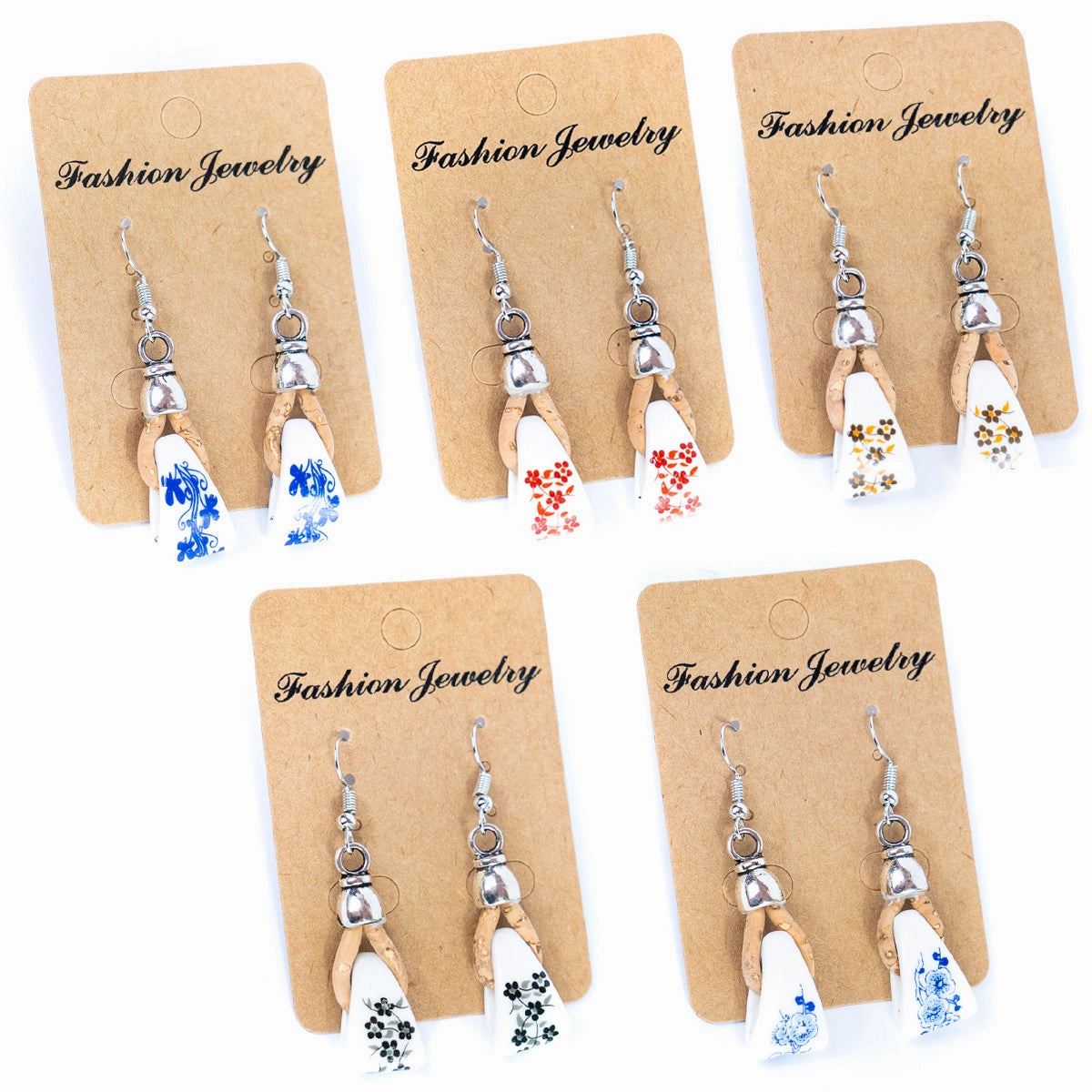 Natural cork cord and ceramic beads handmade bracelet and earring sets SET-084-MIX-5