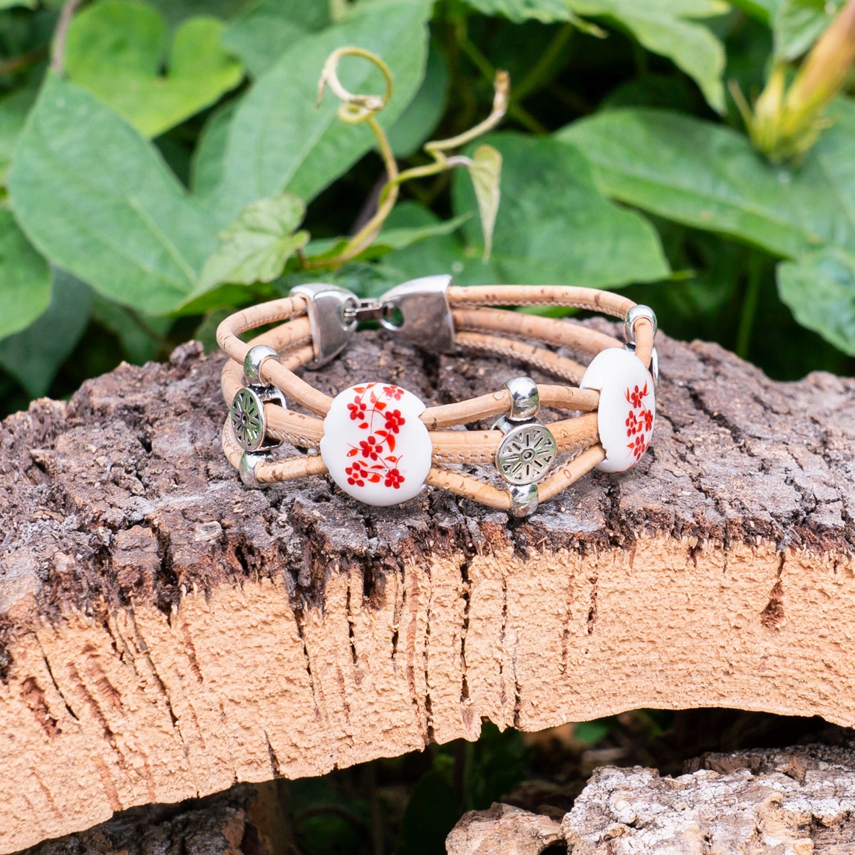 Natural cork cord and ceramic beads handmade bracelet and earring sets SET-085-MIX-5