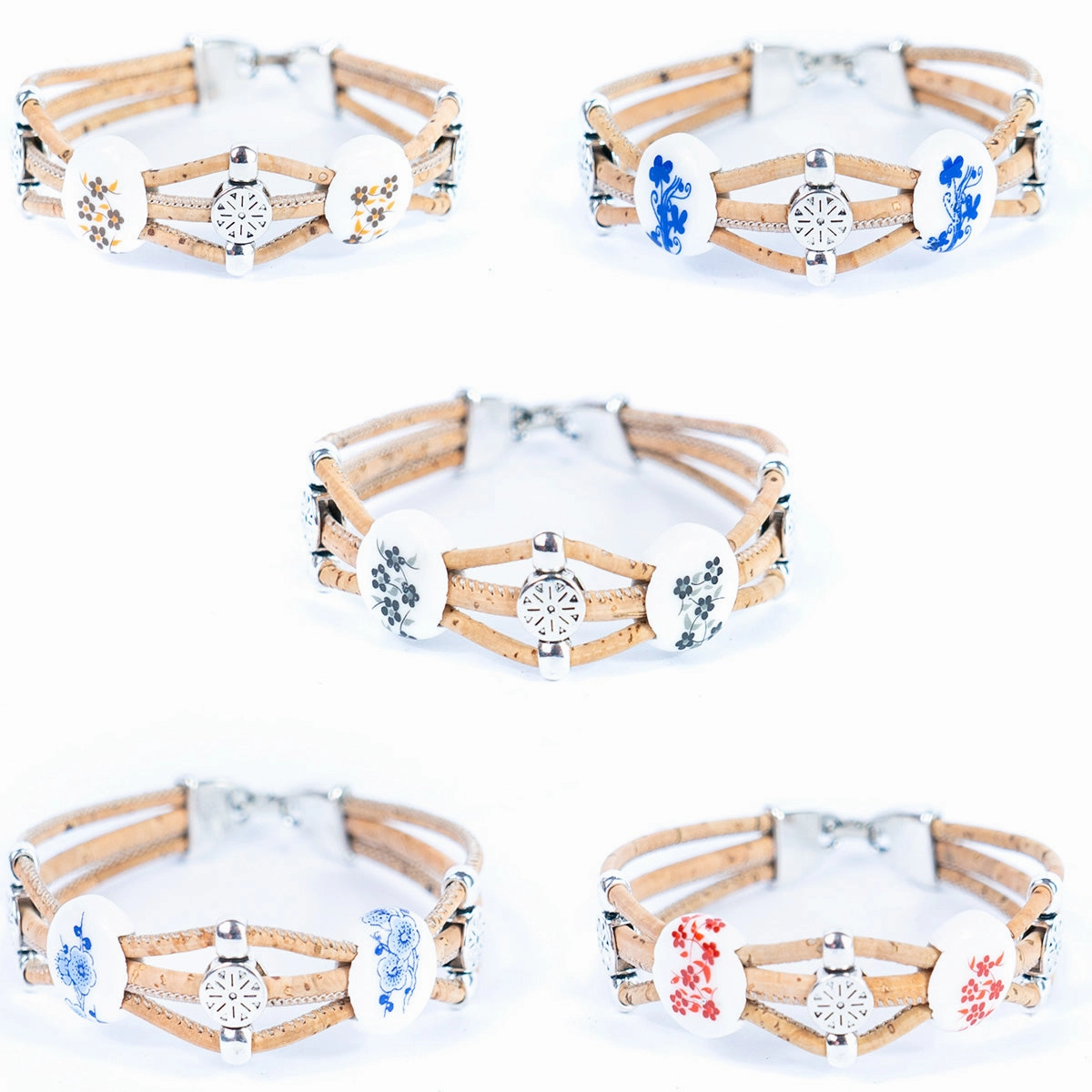 Natural cork cord and ceramic beads handmade bracelet and earring sets SET-085-MIX-5