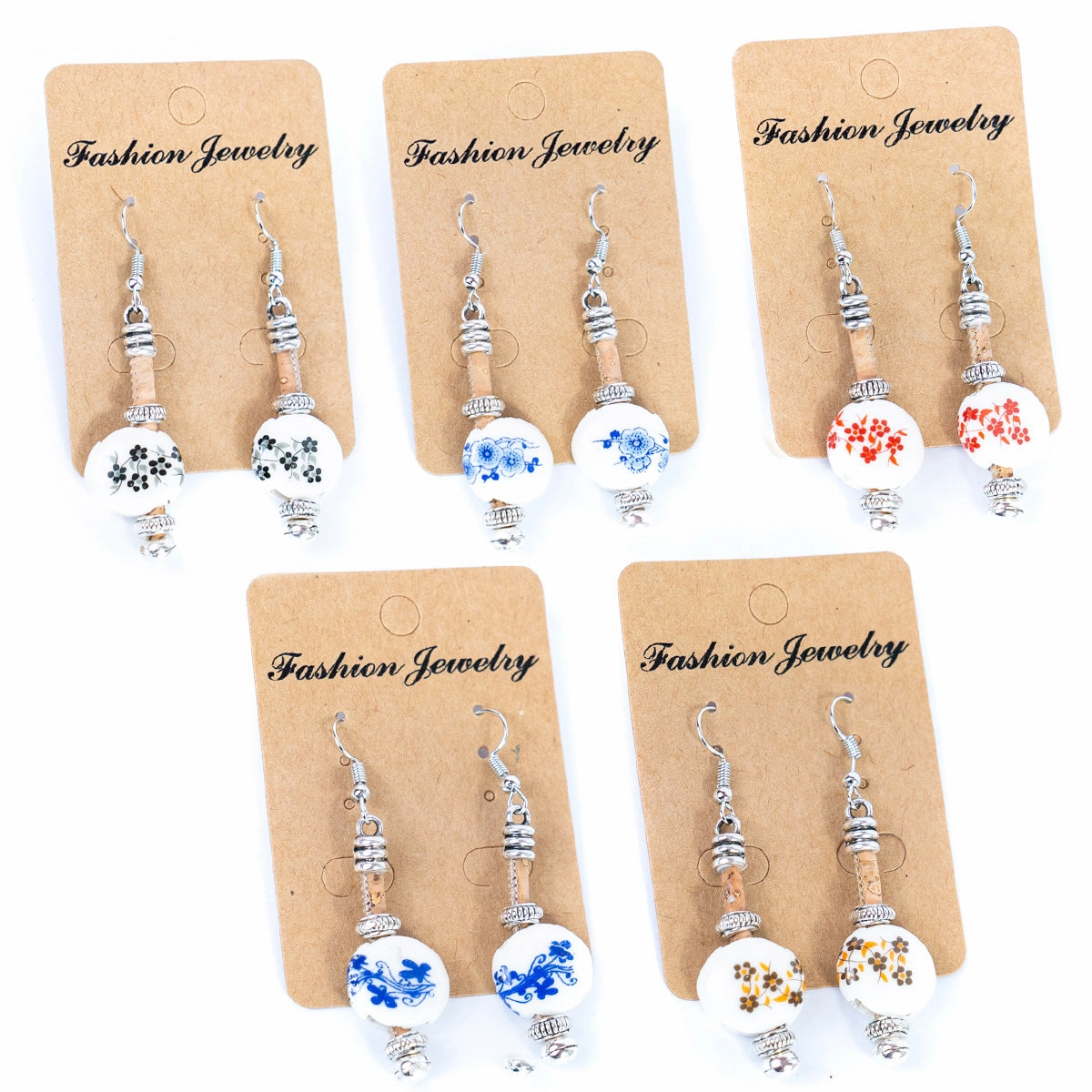 Natural cork cord and ceramic beads handmade bracelet and earring sets SET-085-MIX-5