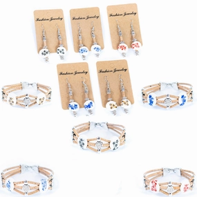 Natural cork cord and ceramic beads handmade bracelet and earring sets SET-085-MIX-5