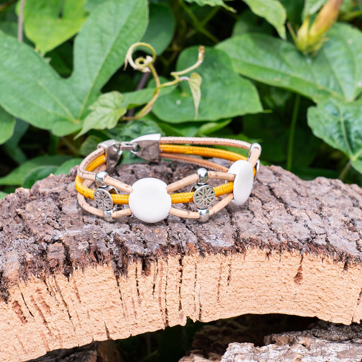 Natural cork cord and ceramic beads handmade bracelet and earring sets SET-086-MIX-5