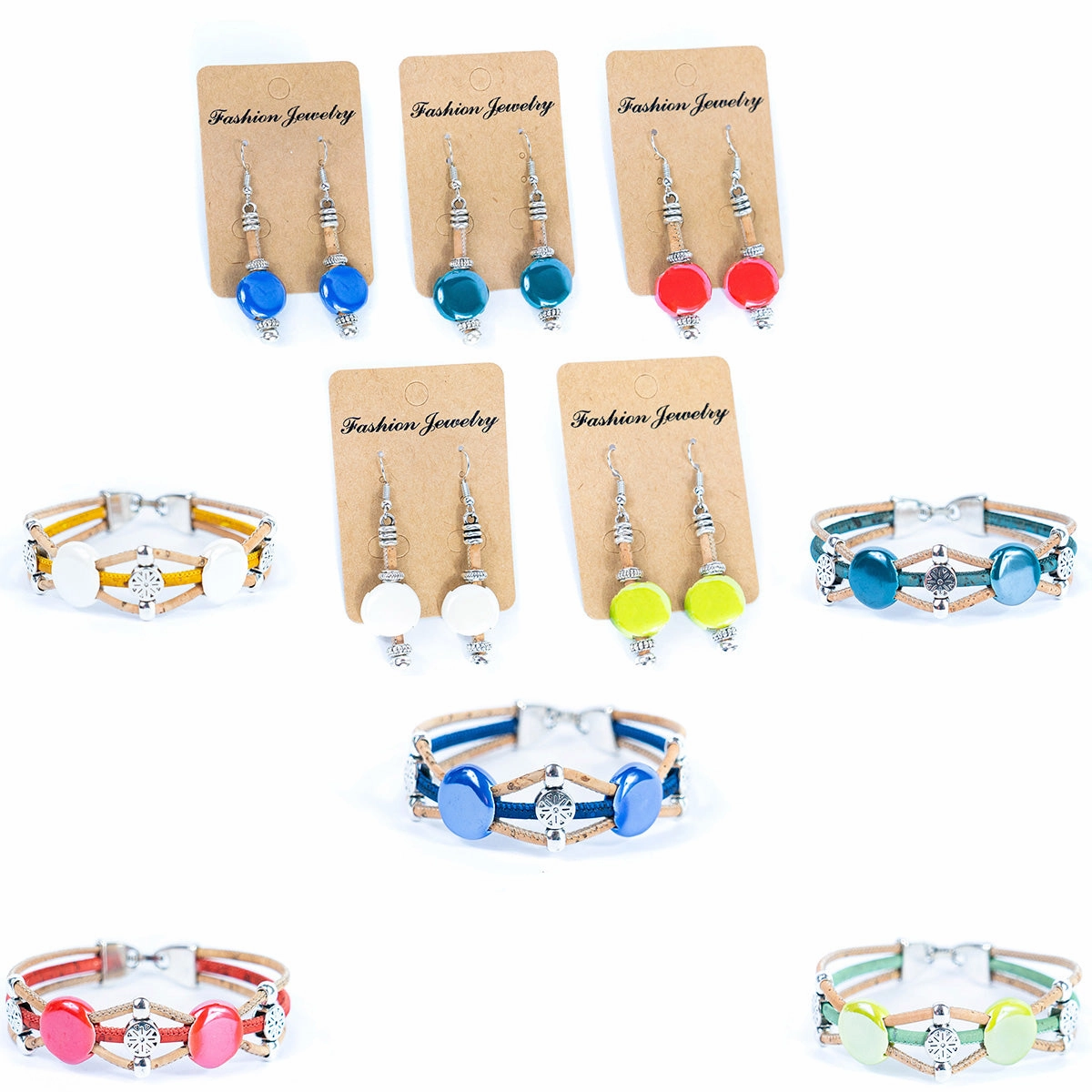 Natural cork cord and ceramic beads handmade bracelet and earring sets SET-086-MIX-5