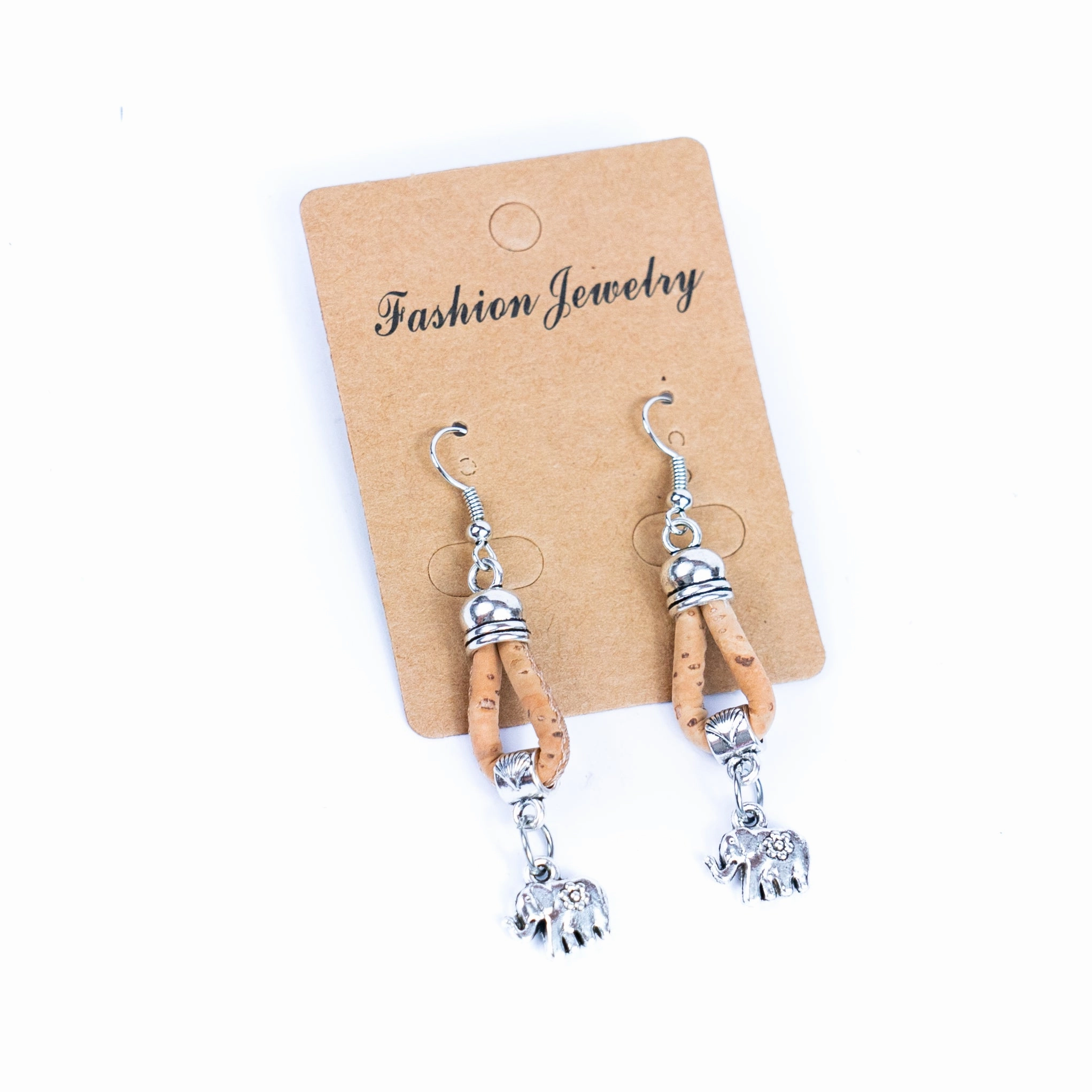 natural cork cord and elephant pendant handmade earrings-ER-176-MIX-5