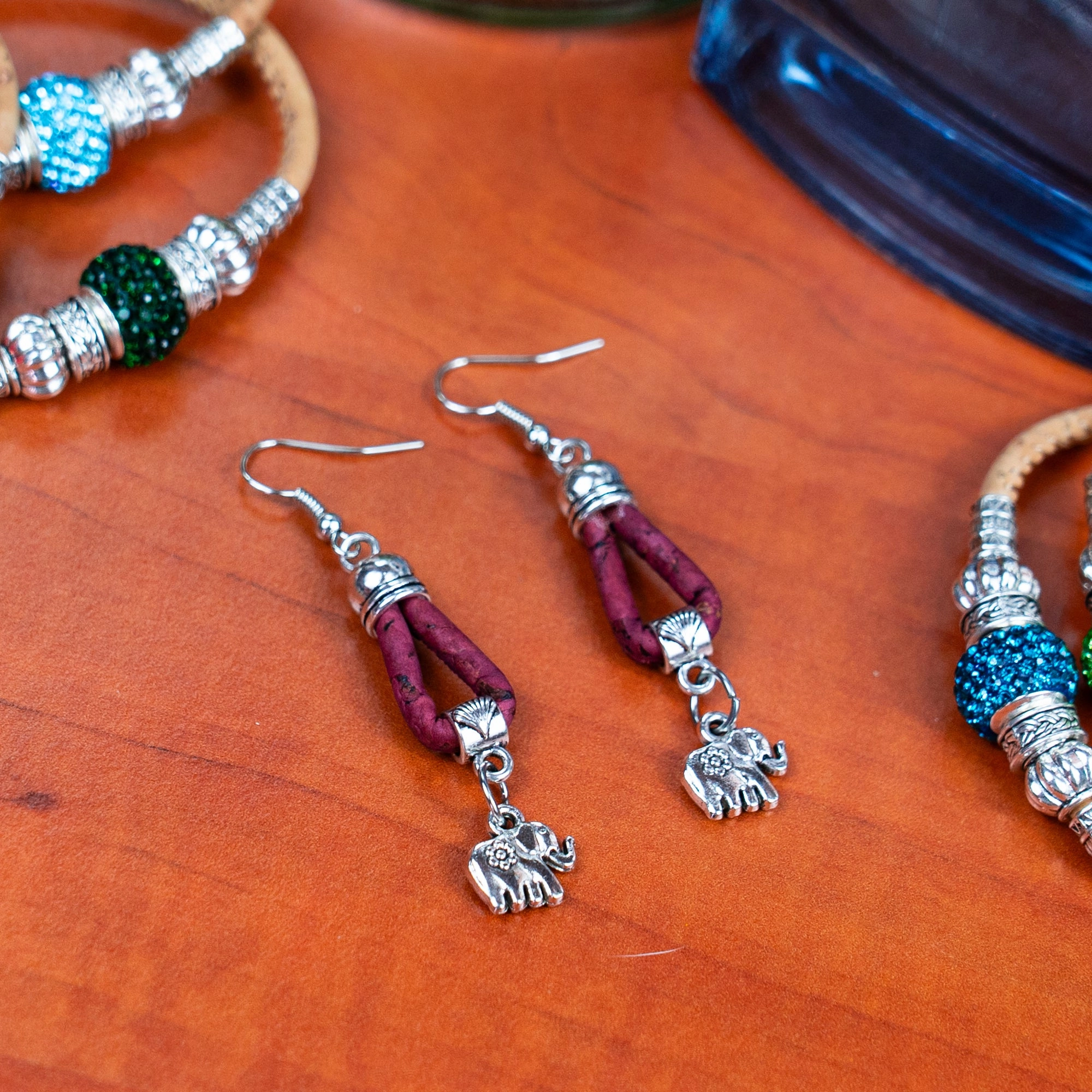 natural cork cord and elephant pendant handmade earrings-ER-176-MIX-5