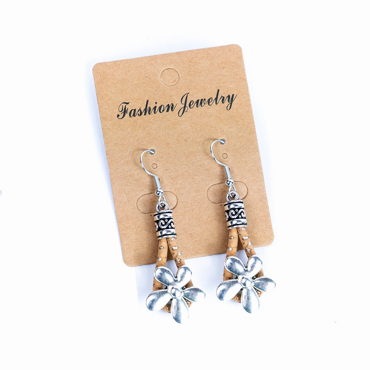 natural cork cord and  flowers pendants handmade earrings-ER-187-5
