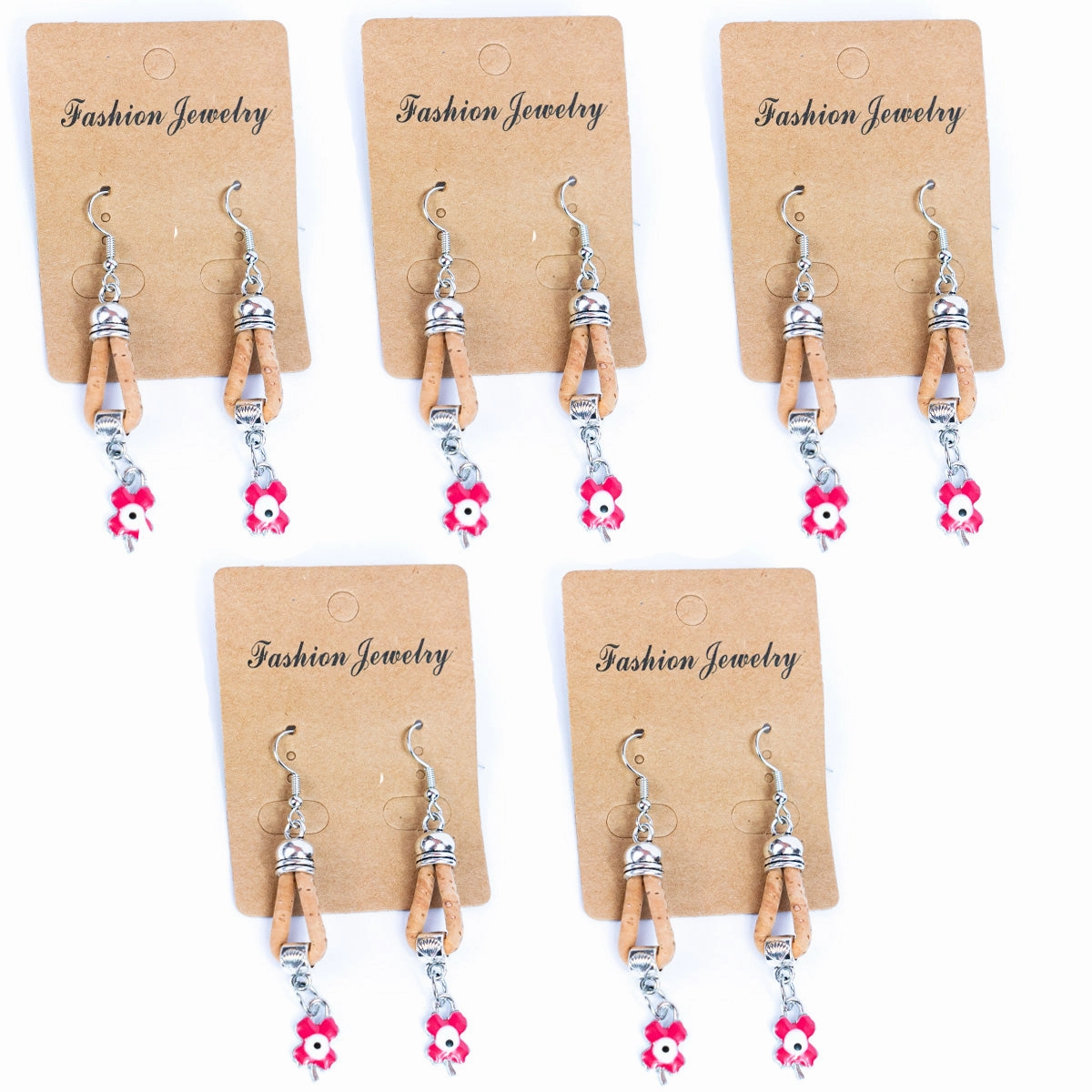 natural cork cord and Pink four-leaf clover pendant handmade earrings-ER-173-5