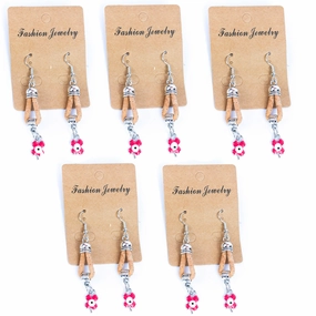 natural cork cord and Pink four-leaf clover pendant handmade earrings-ER-173-5