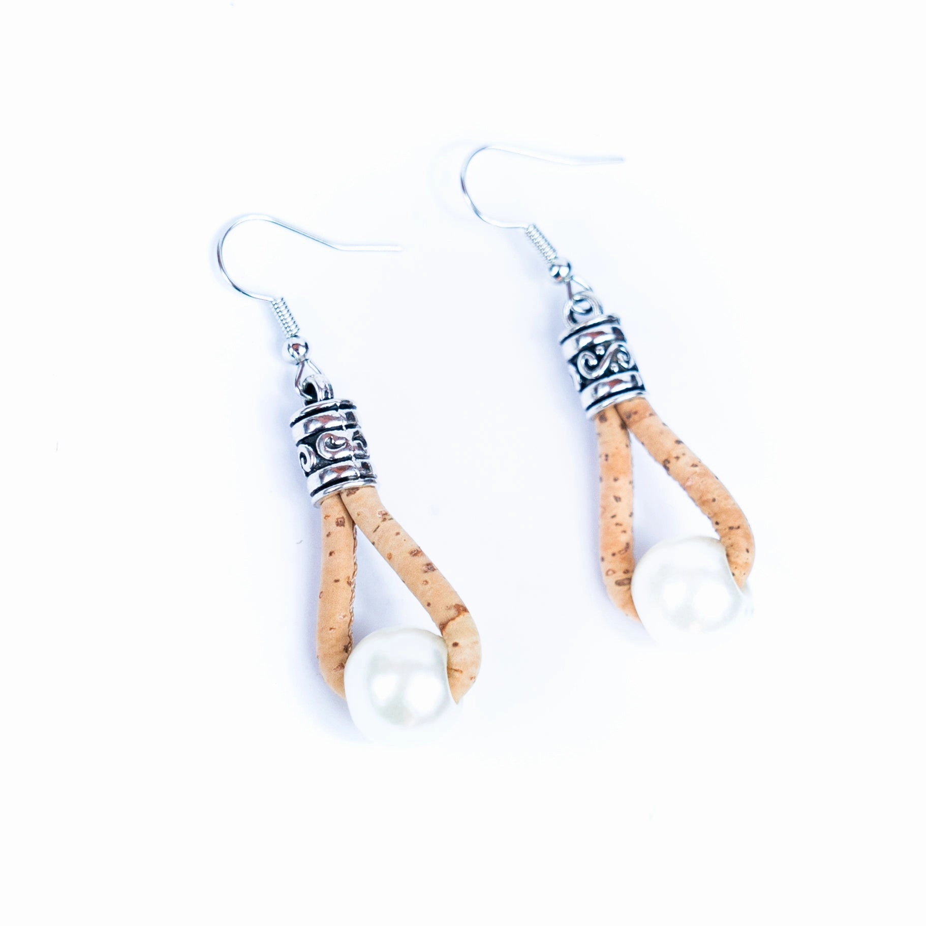 natural cork cord and plastic pearls handmade earrings-ER-185-MIX-5