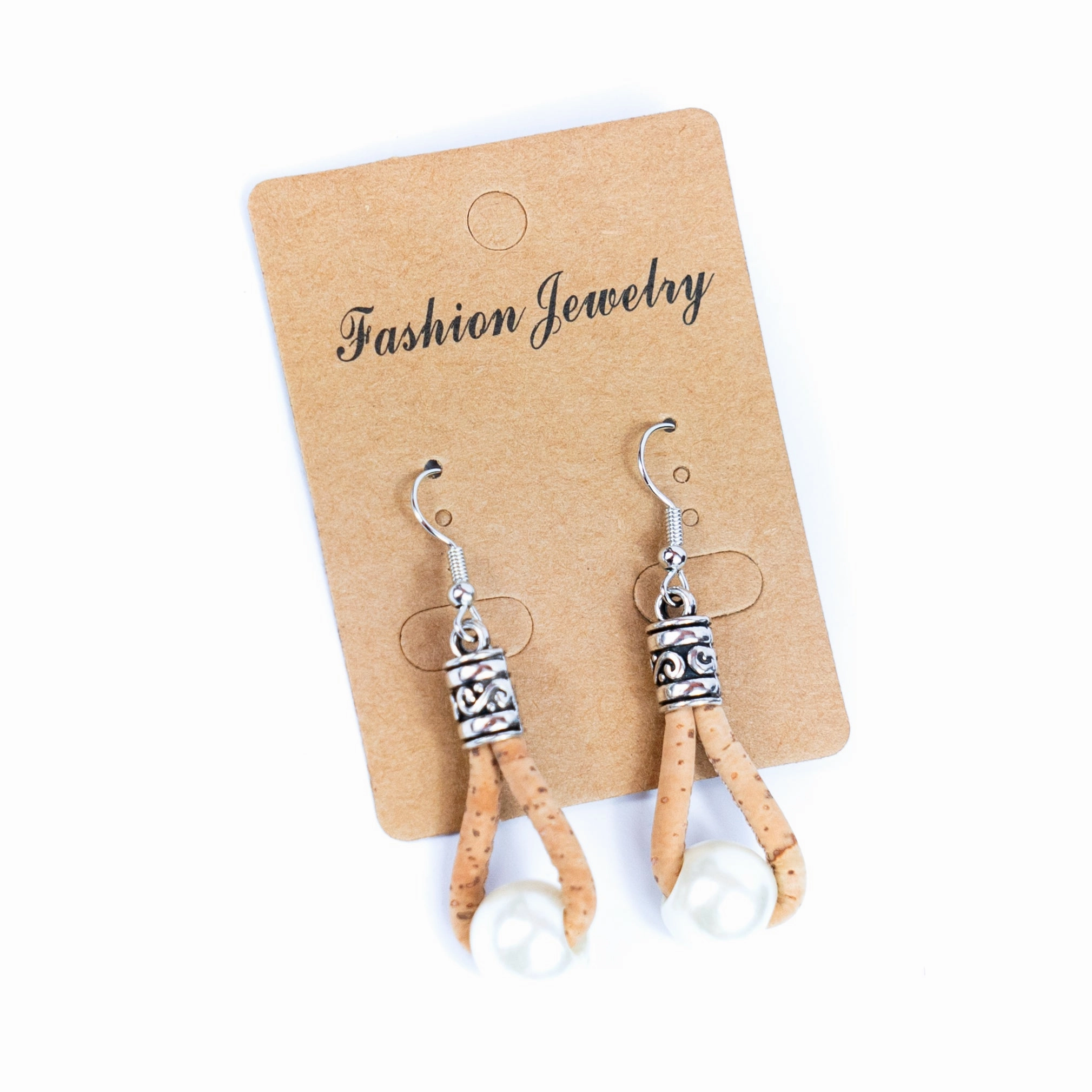 natural cork cord and plastic pearls handmade earrings-ER-185-MIX-5