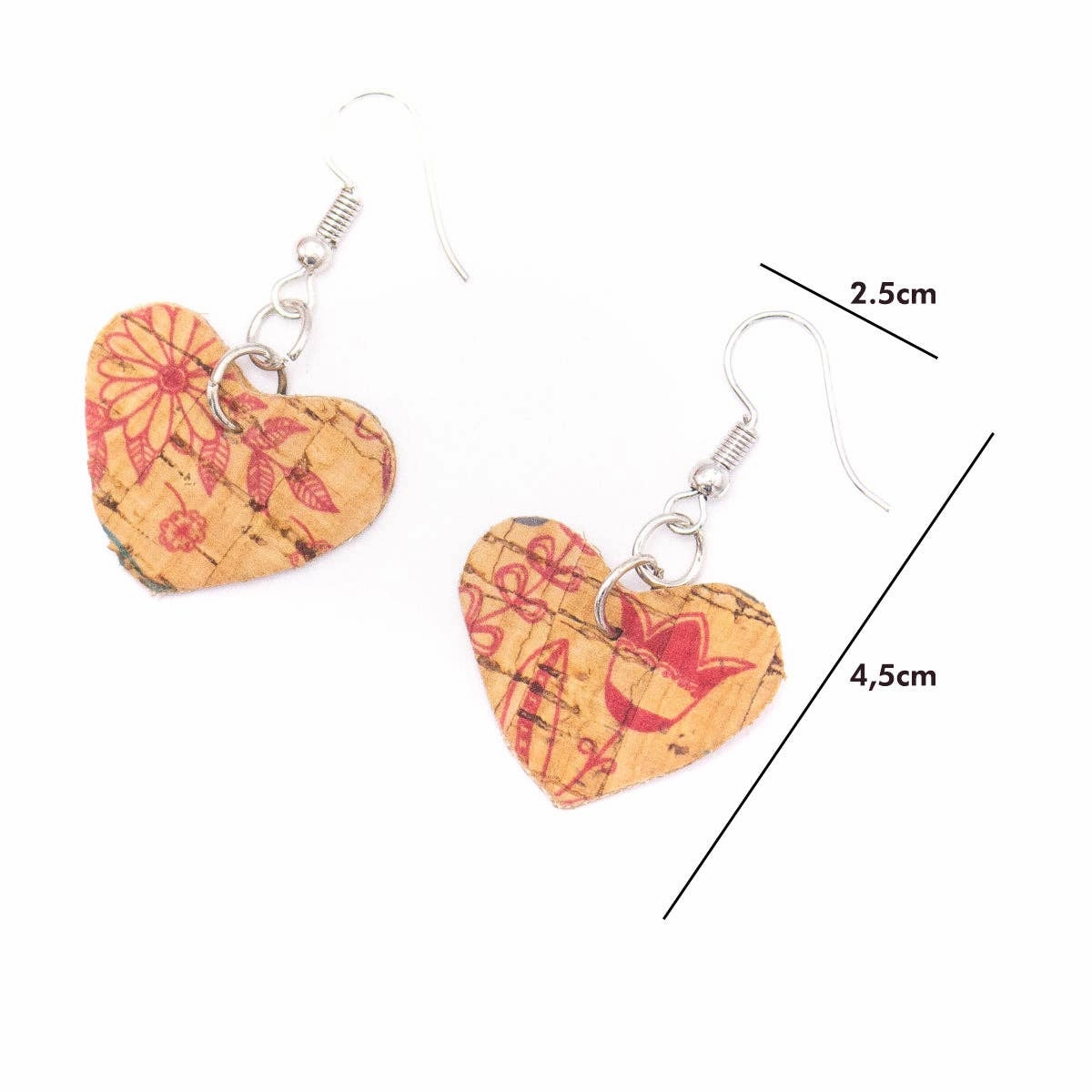 Natural cork fabric heart  Shapes for Earrings, Original handmade ladies earrings-ER-072-G