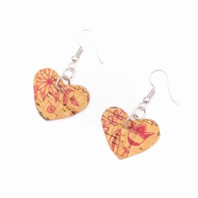 Natural cork fabric heart  Shapes for Earrings, Original handmade ladies earrings-ER-072-G