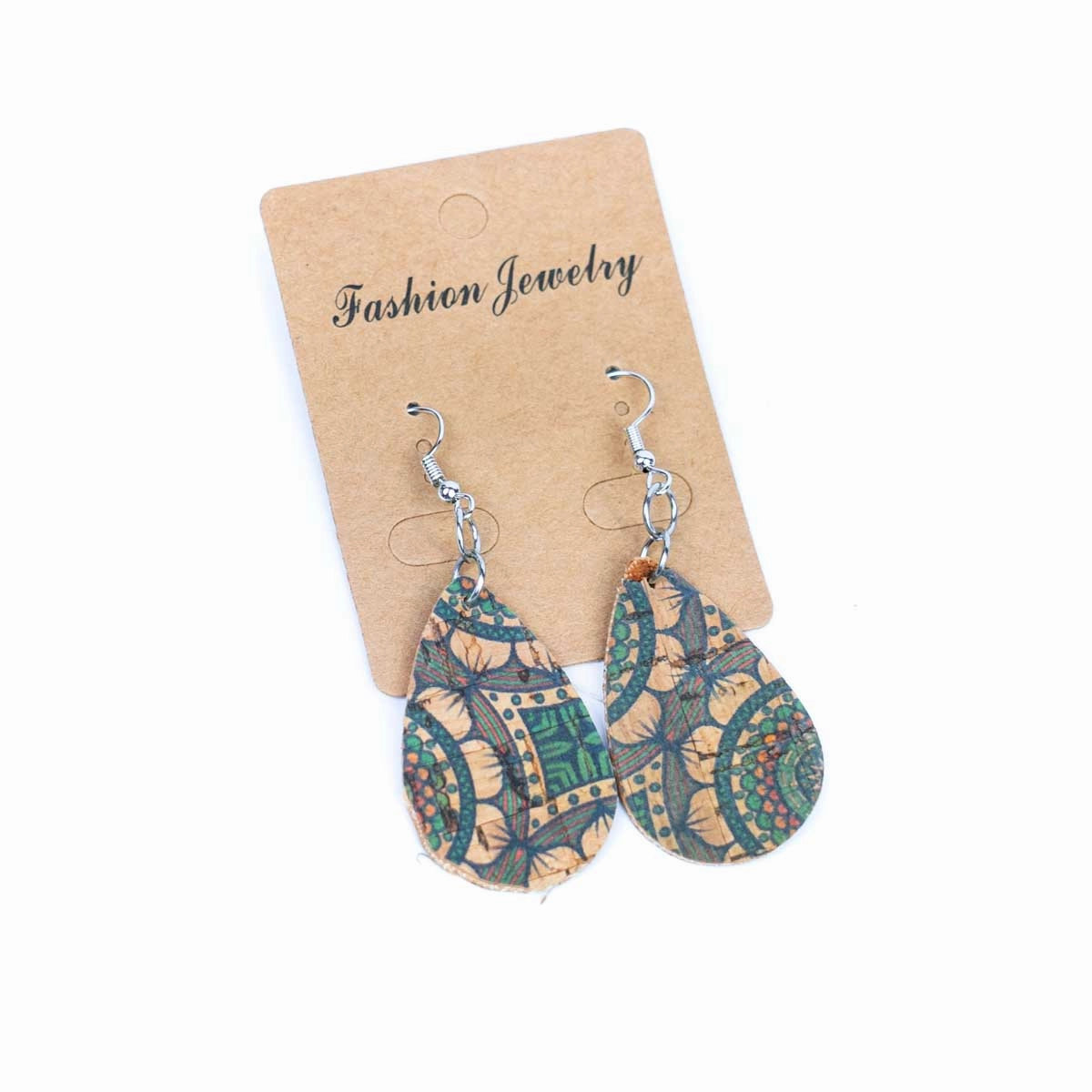 Natural cork fabric printed pendant handmade earrings-ER-189-5