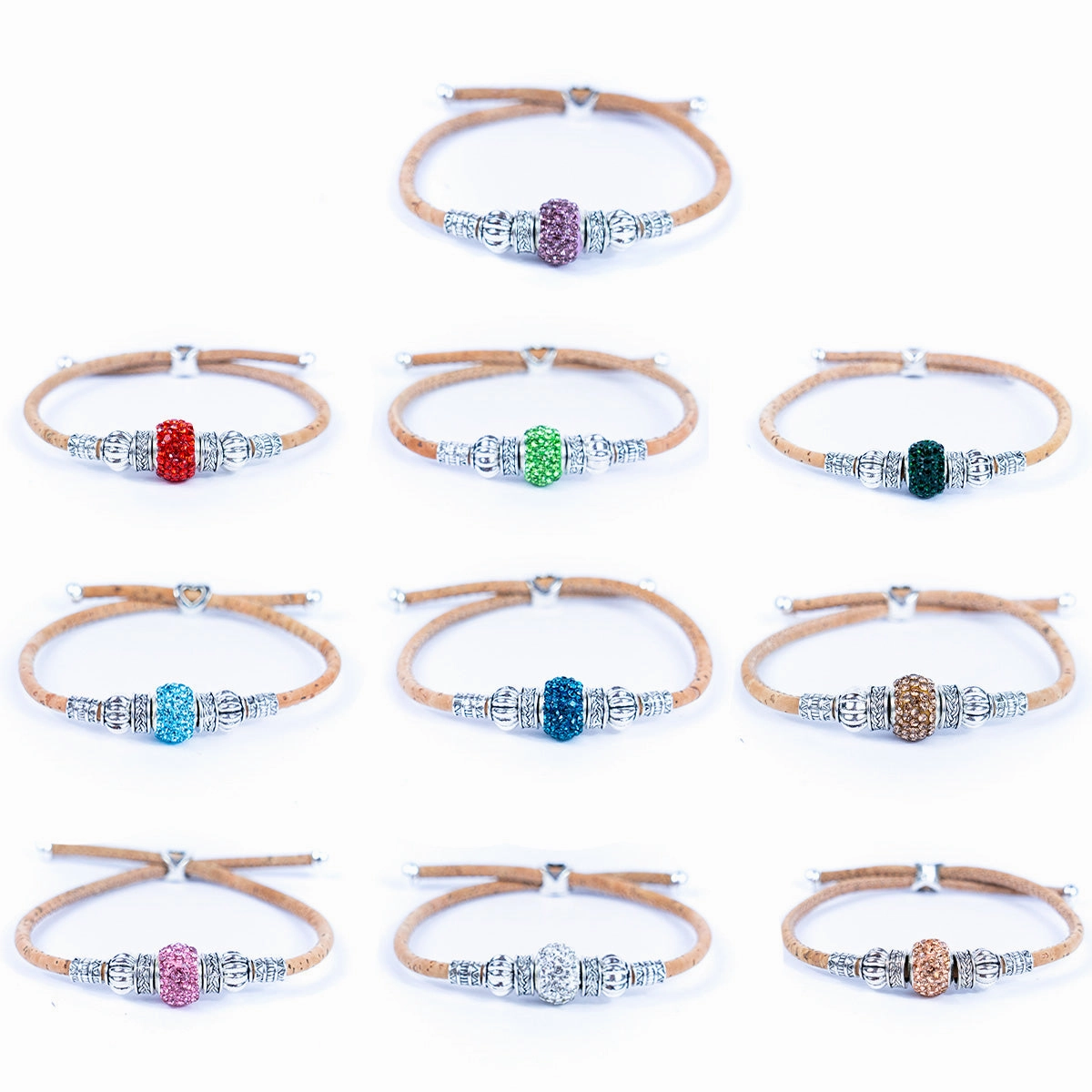 Natural cork thread and colorful shiny beads handmade women's bracelet BR-003-MIX-10