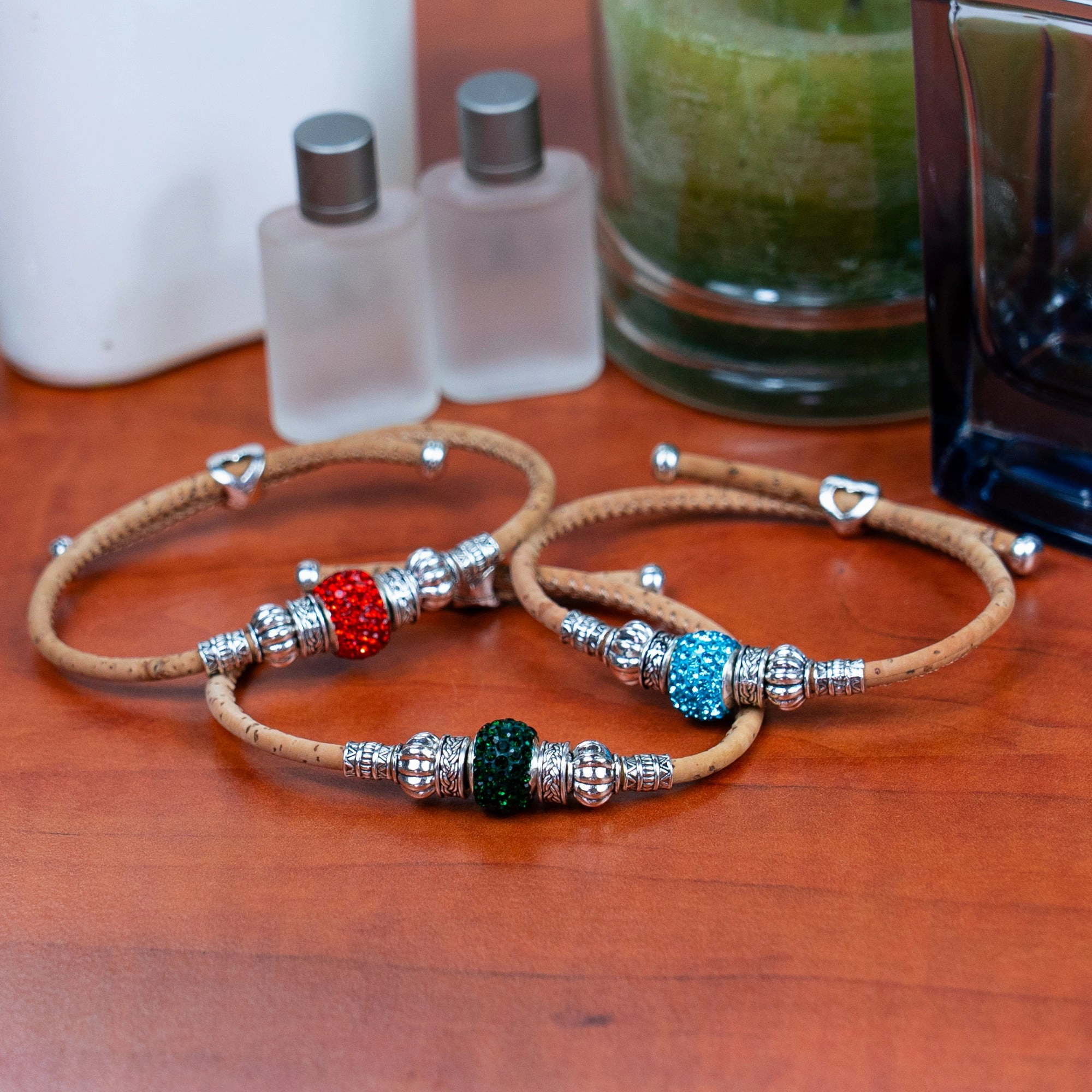 Natural cork thread and colorful shiny beads handmade women's bracelet BR-003-MIX-10