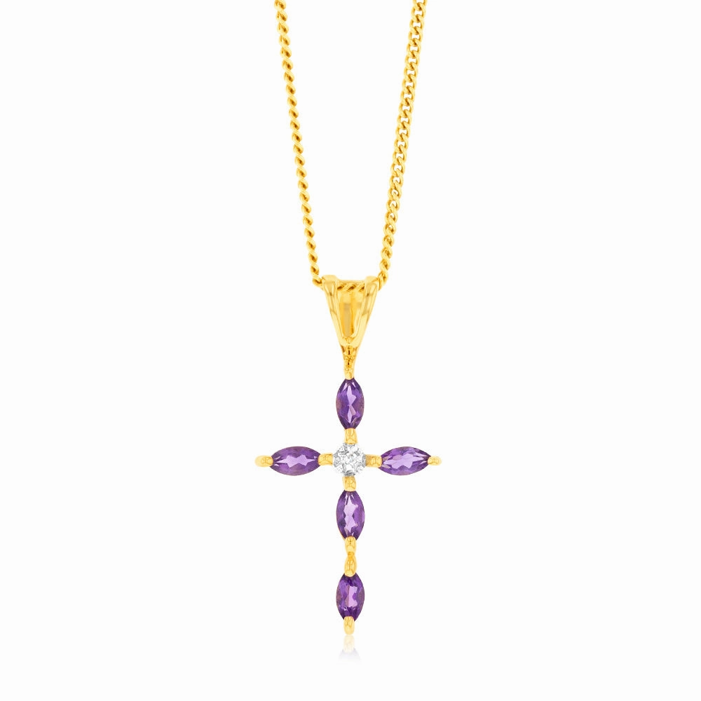 Natural Marquise Cut Amethyst Cross Diamond Pendant in 9ct Yellow Gold