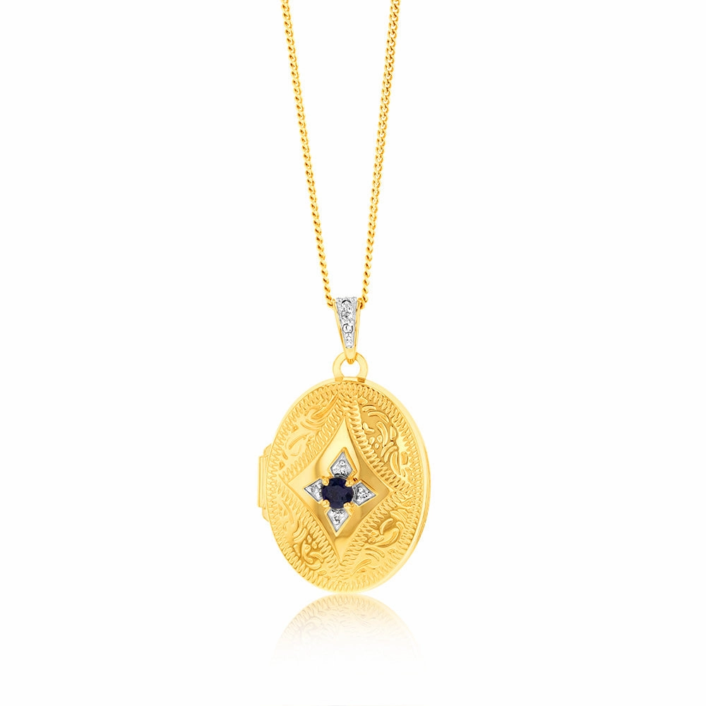 Natural Oval Black Sapphire & Diamond Locket in 9ct Yellow Gold