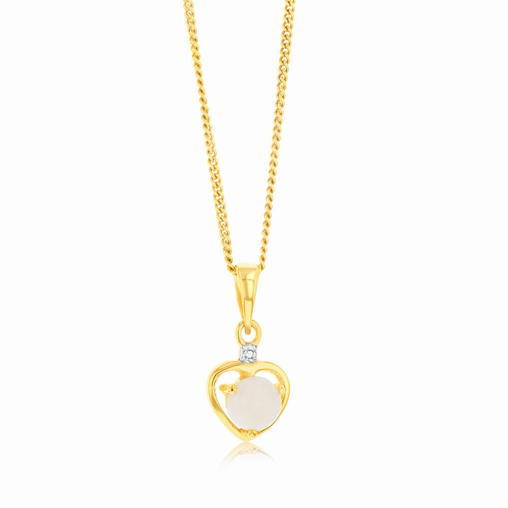 Natural Round 5mm Opal Heart Shaped Diamond Pendant in 9ct Yellow Gold