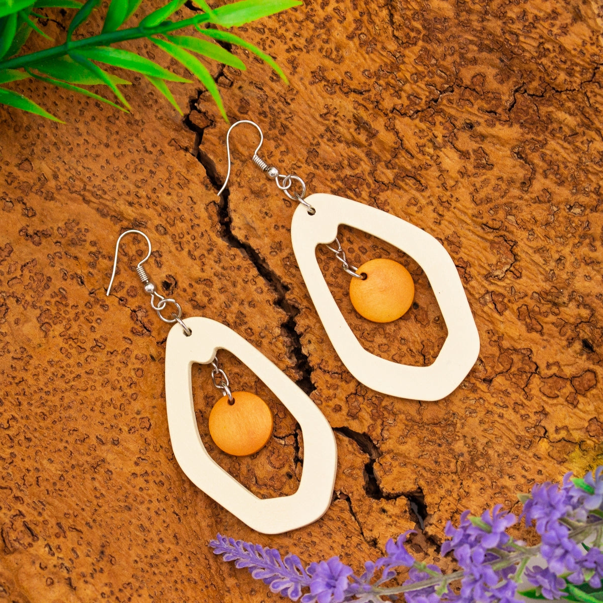 Natural wood, Polygonal Drop Earrings Original handmade ladies earrings-ER-087