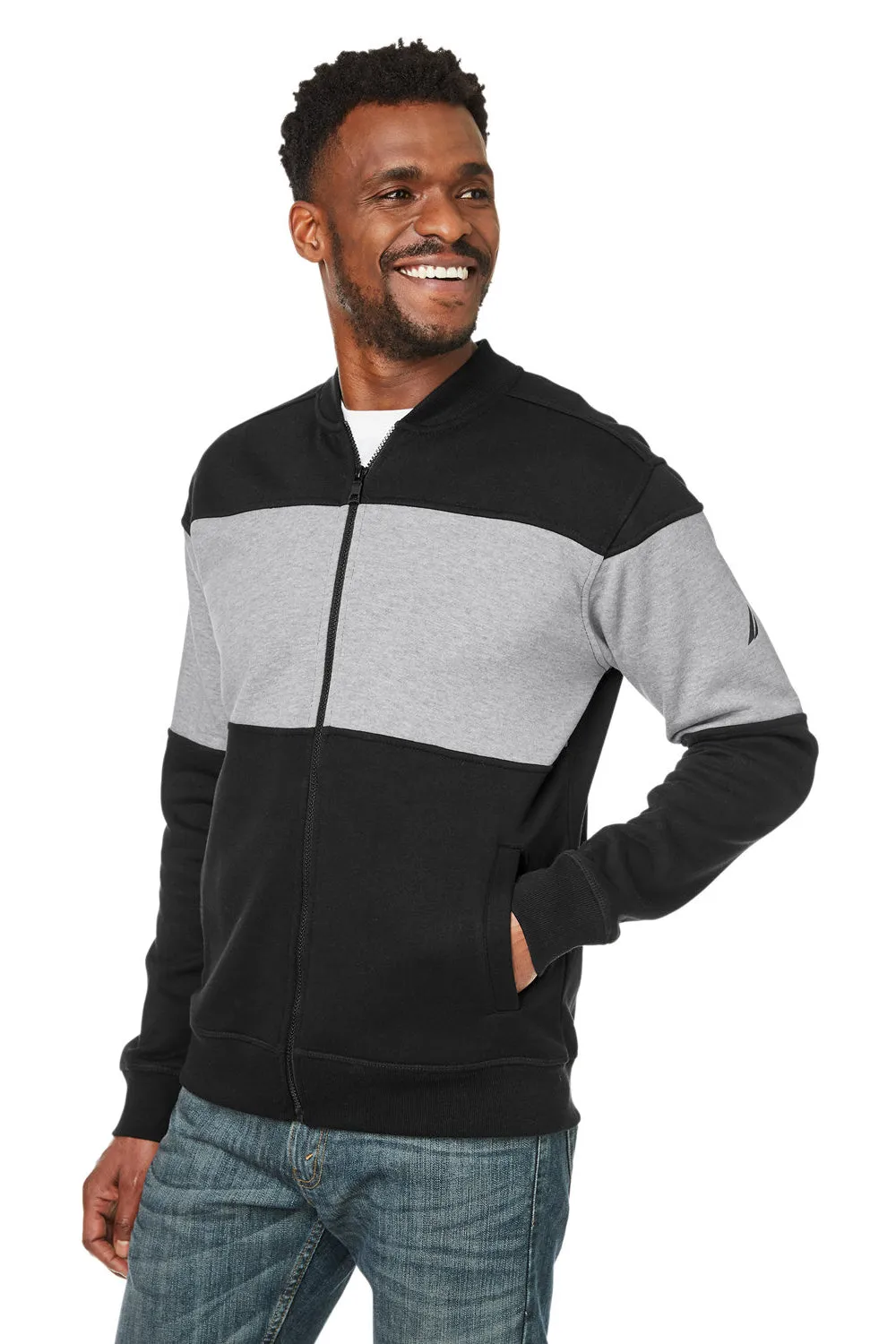 Nautica Mens Anchor Bomber Full Zip Fleece Jacket - Black/Heather Oxford Grey  BEST on sale Clothing Nautica
