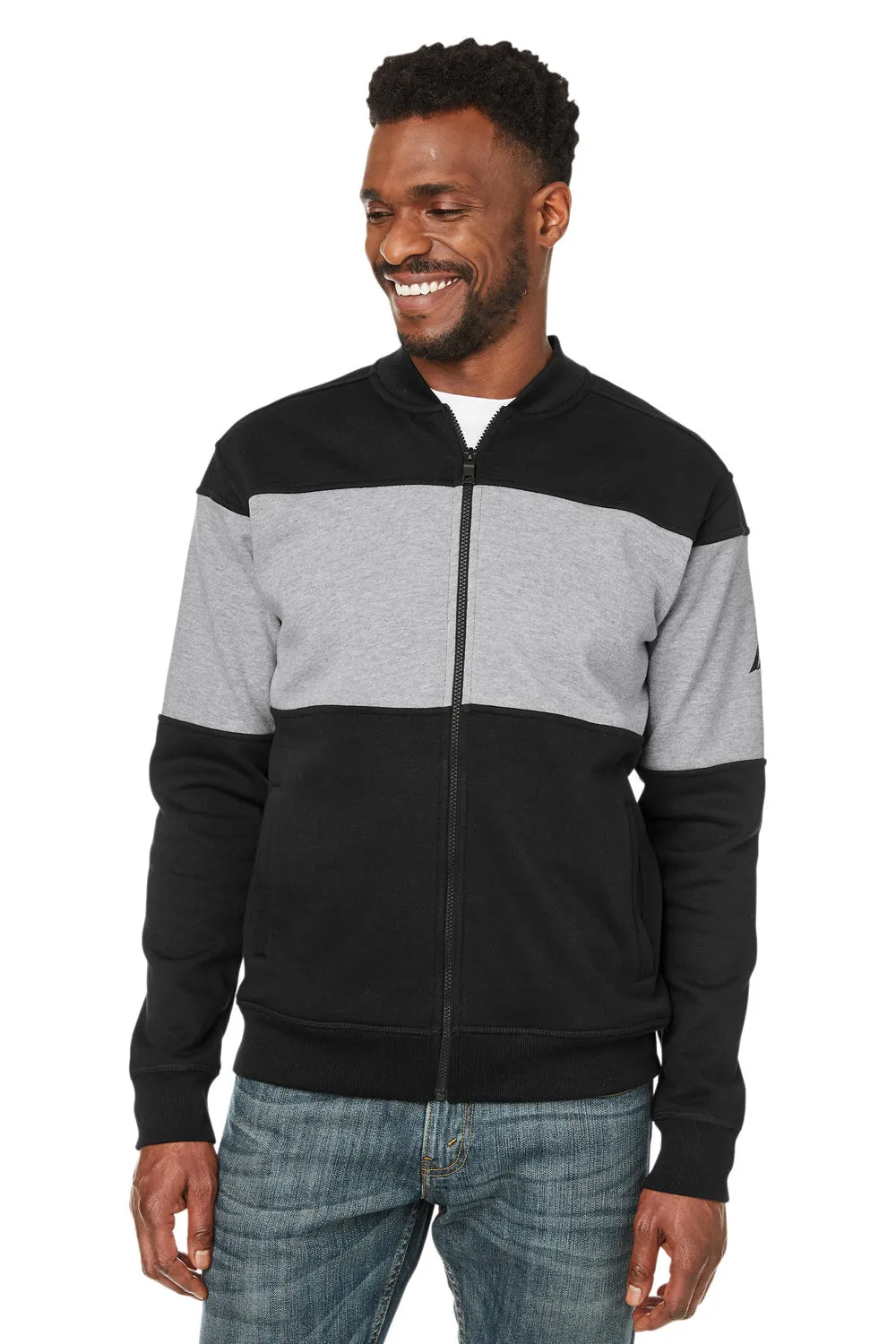 Nautica Mens Anchor Bomber Full Zip Fleece Jacket - Black/Heather Oxford Grey  BEST on sale Clothing Nautica