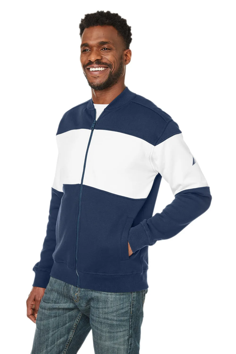 Nautica Mens Anchor Bomber Full Zip Fleece Jacket - Navy Blue/White  BEST on sale Clothing Nautica