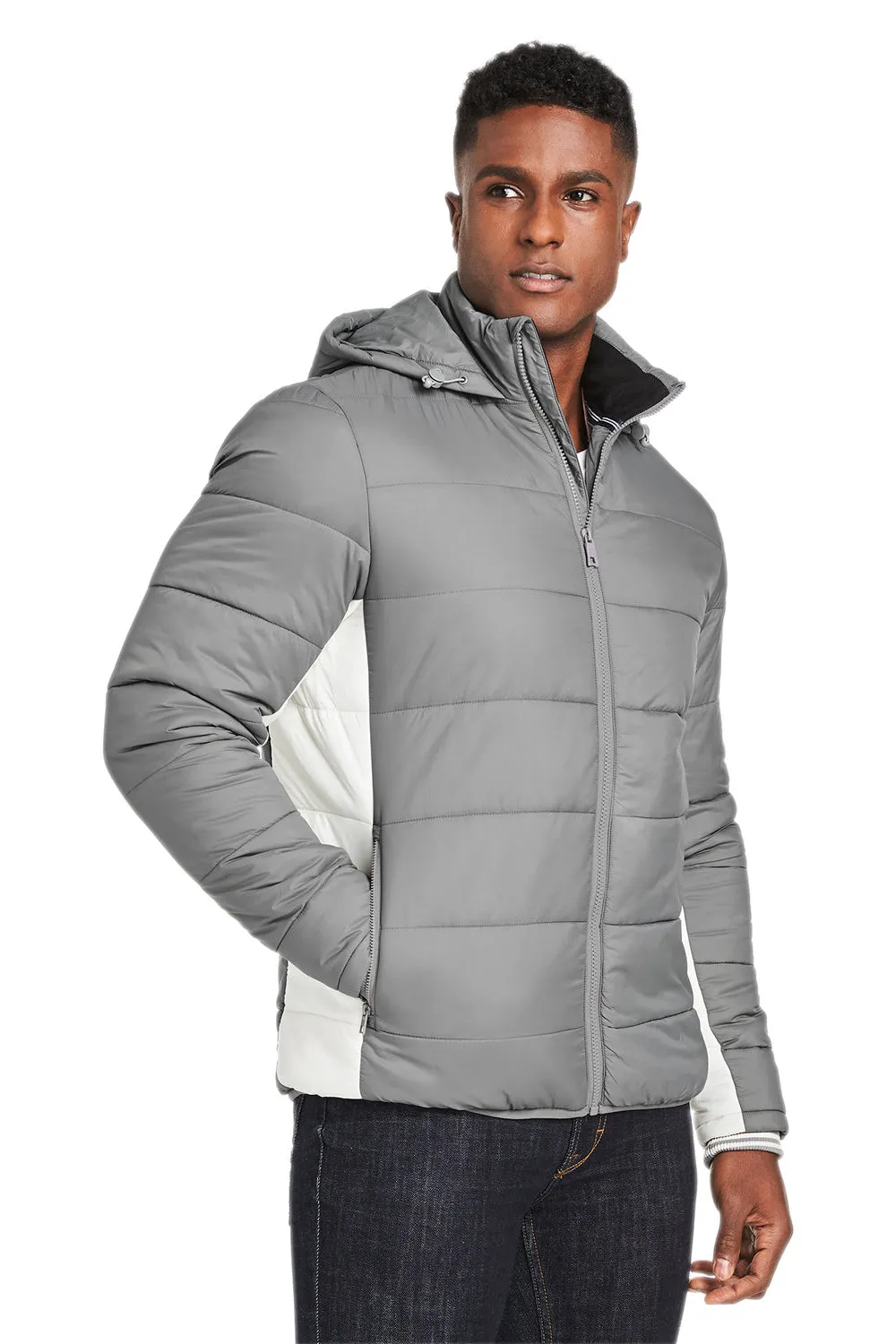 Nautica Mens Nautical Mile Wind Resistant Packable Full Zip Hooded Puffer Jacket - Graphite Grey/Antique White  BEST on sale Clothing Nautica