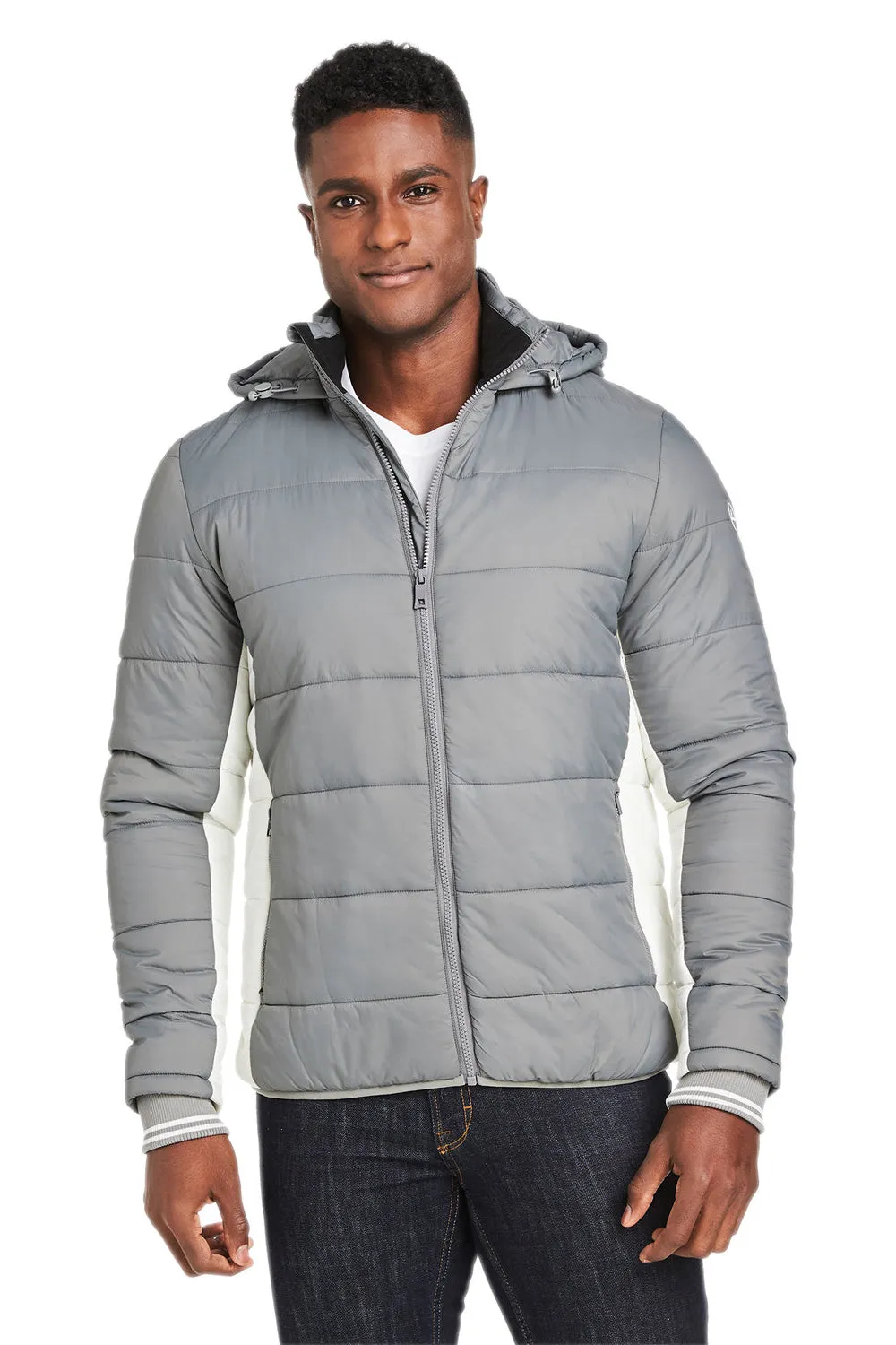 Nautica Mens Nautical Mile Wind Resistant Packable Full Zip Hooded Puffer Jacket - Graphite Grey/Antique White  BEST on sale Clothing Nautica