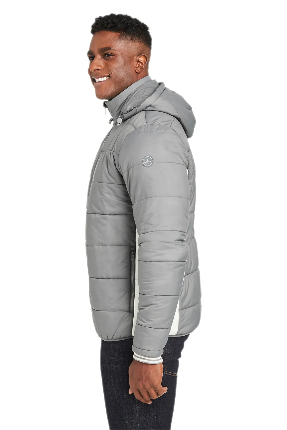 Nautica Mens Nautical Mile Wind Resistant Packable Full Zip Hooded Puffer Jacket - Graphite Grey/Antique White  BEST on sale Clothing Nautica