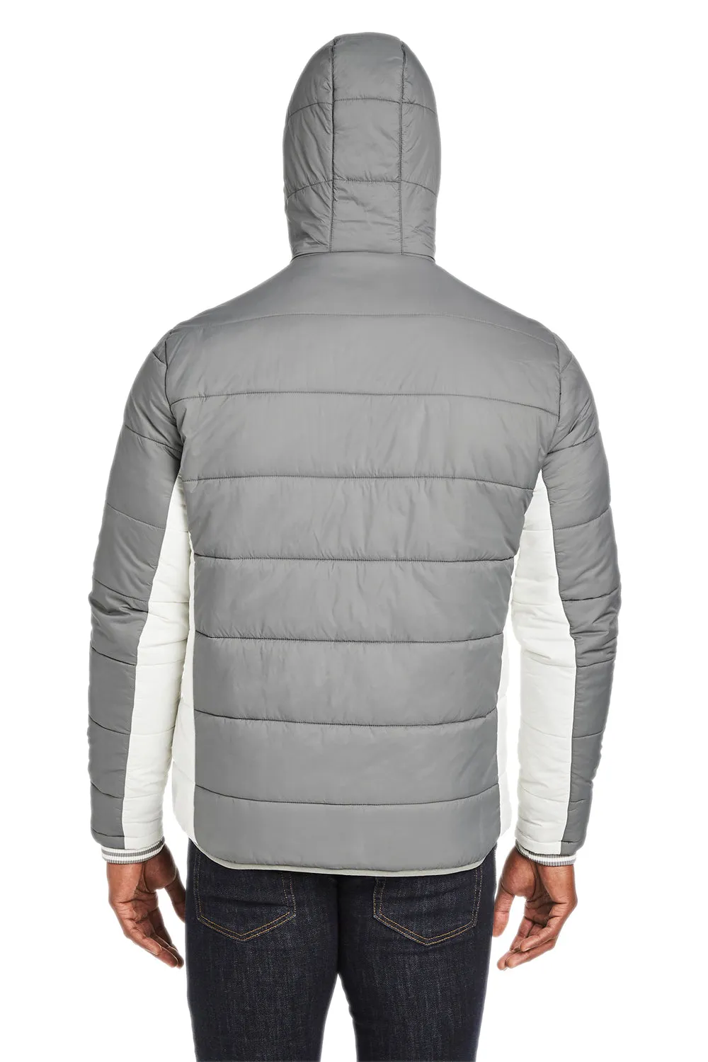 Nautica Mens Nautical Mile Wind Resistant Packable Full Zip Hooded Puffer Jacket - Graphite Grey/Antique White  BEST on sale Clothing Nautica